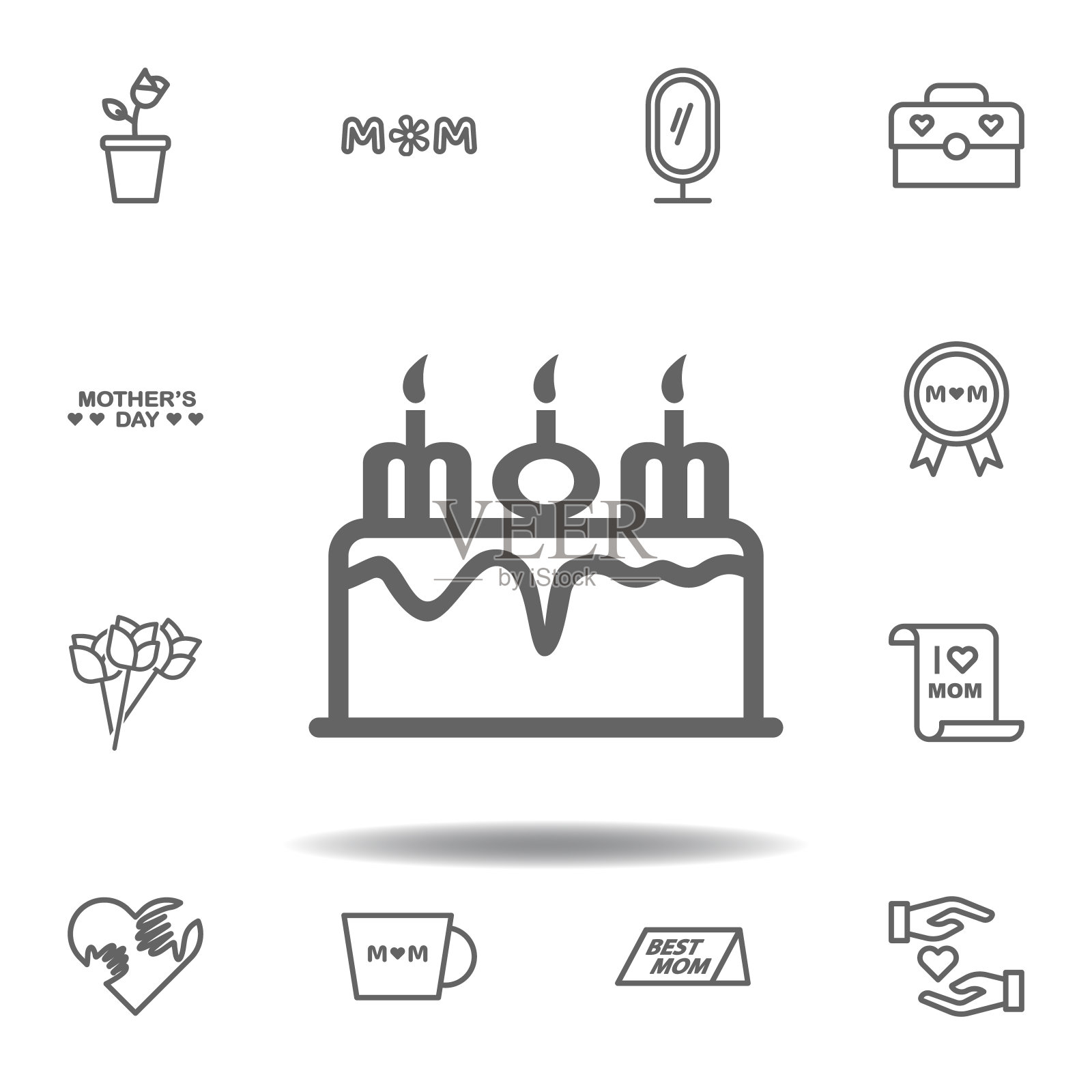 母亲节蛋糕轮廓图标。一套母亲节插图图标。标志和符号可以用于网页,标志,移动应用程序,UI, UX在白色背景图标素材