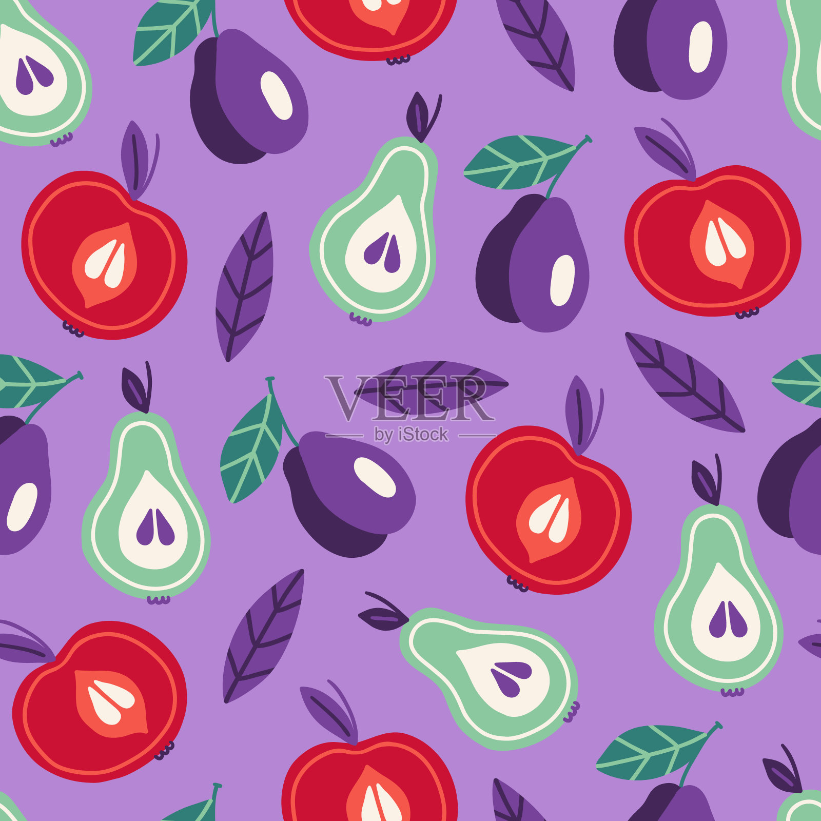 李子、梨、苹果和叶子的无缝图案插画图片素材