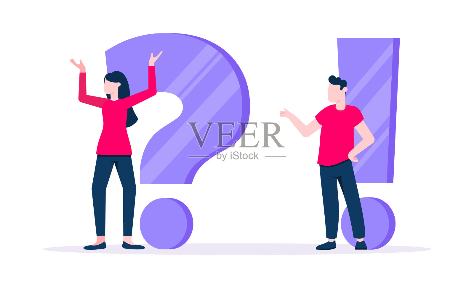 Q和A概念用小人,人物性格用大问题,感叹号,常见问题概念。问答业务支持网页平面风格设计矢量插图。插画图片素材