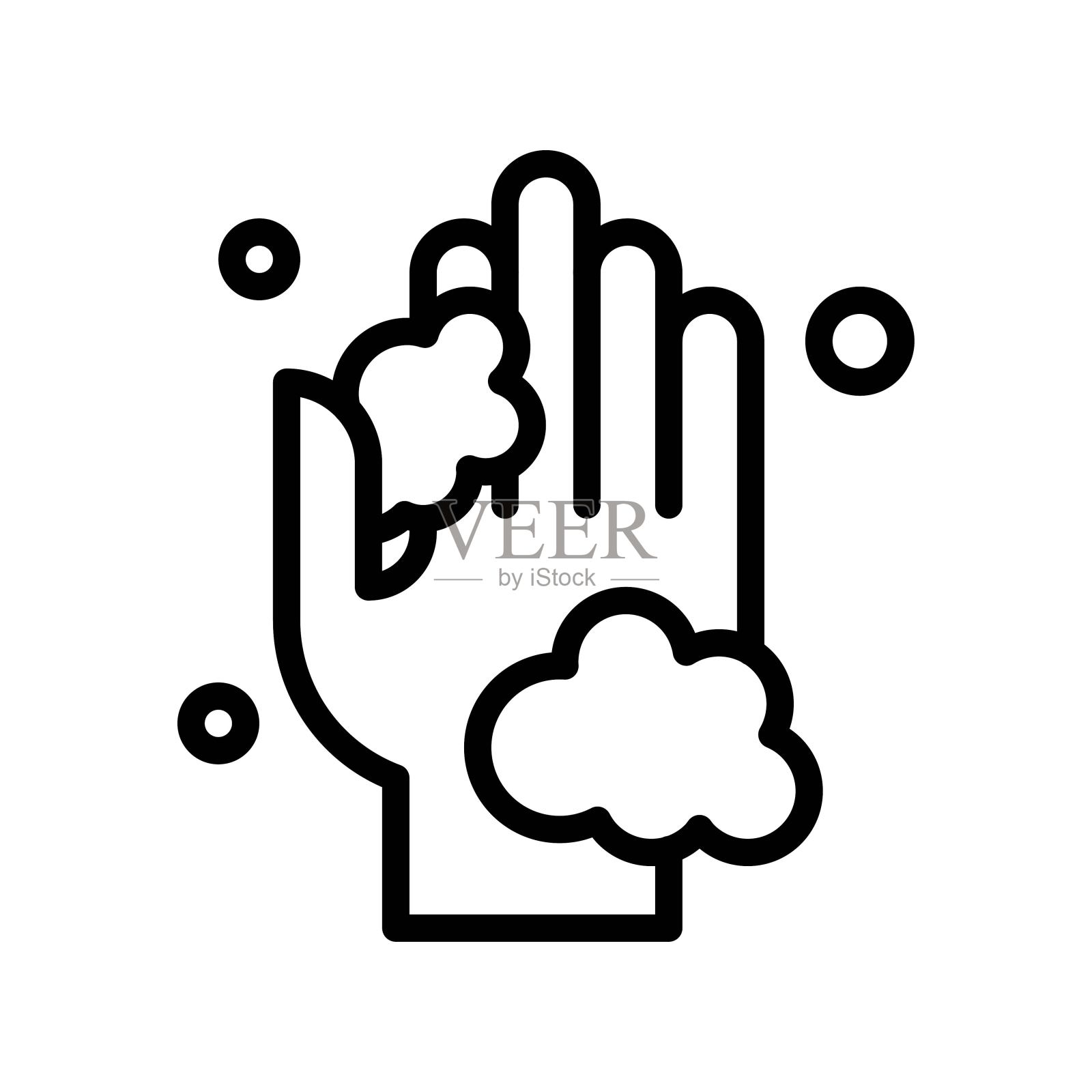 洗手或与卫生有关的手,用肥皂泡矢量线形洗手和摩擦,插画图片素材