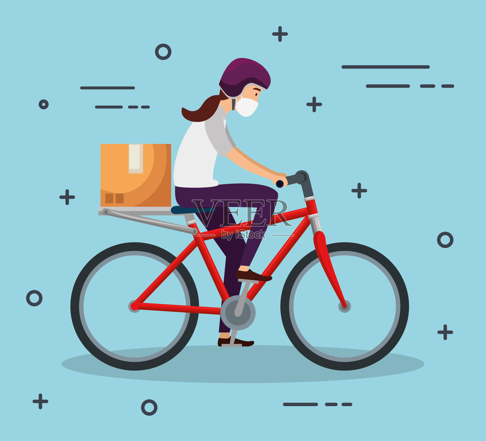 快递员女性使用面罩在自行车插画图片素材