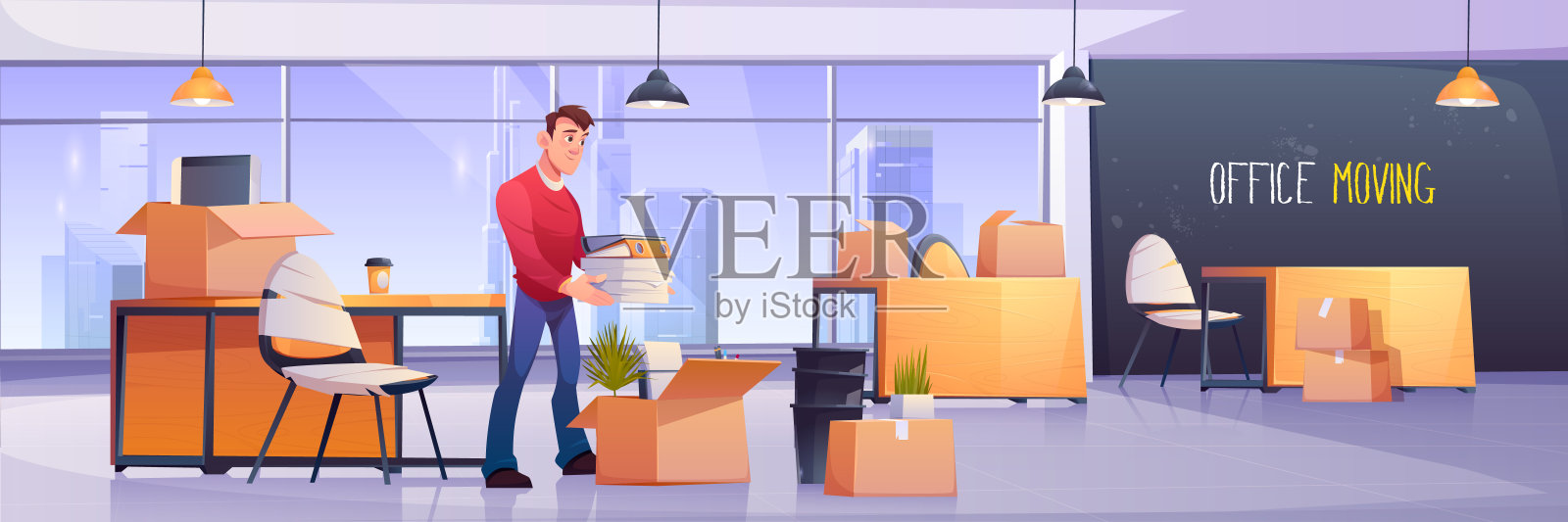 搬办公室,经理把文件放进盒子里插画图片素材