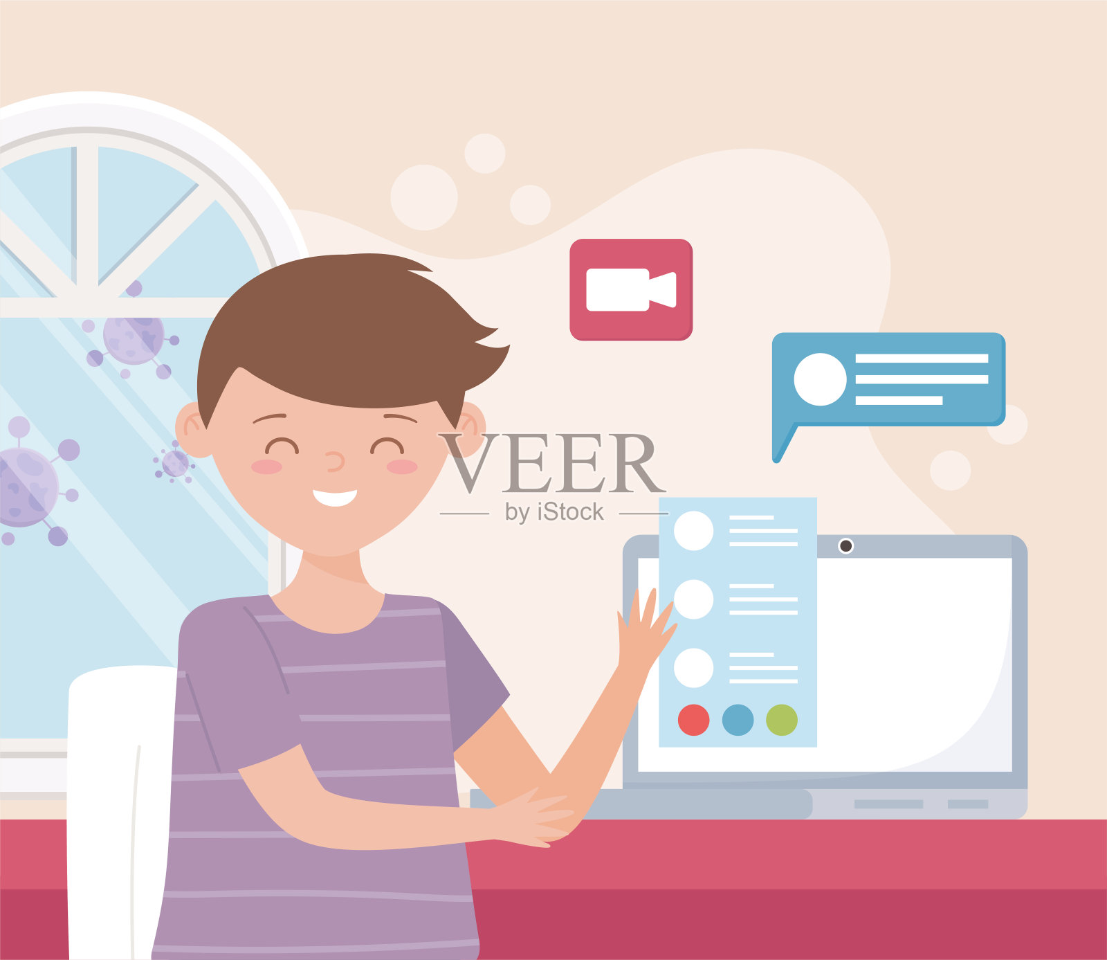 在网上见面,年轻人用笔记本电脑留言泡泡说话工作插画图片素材