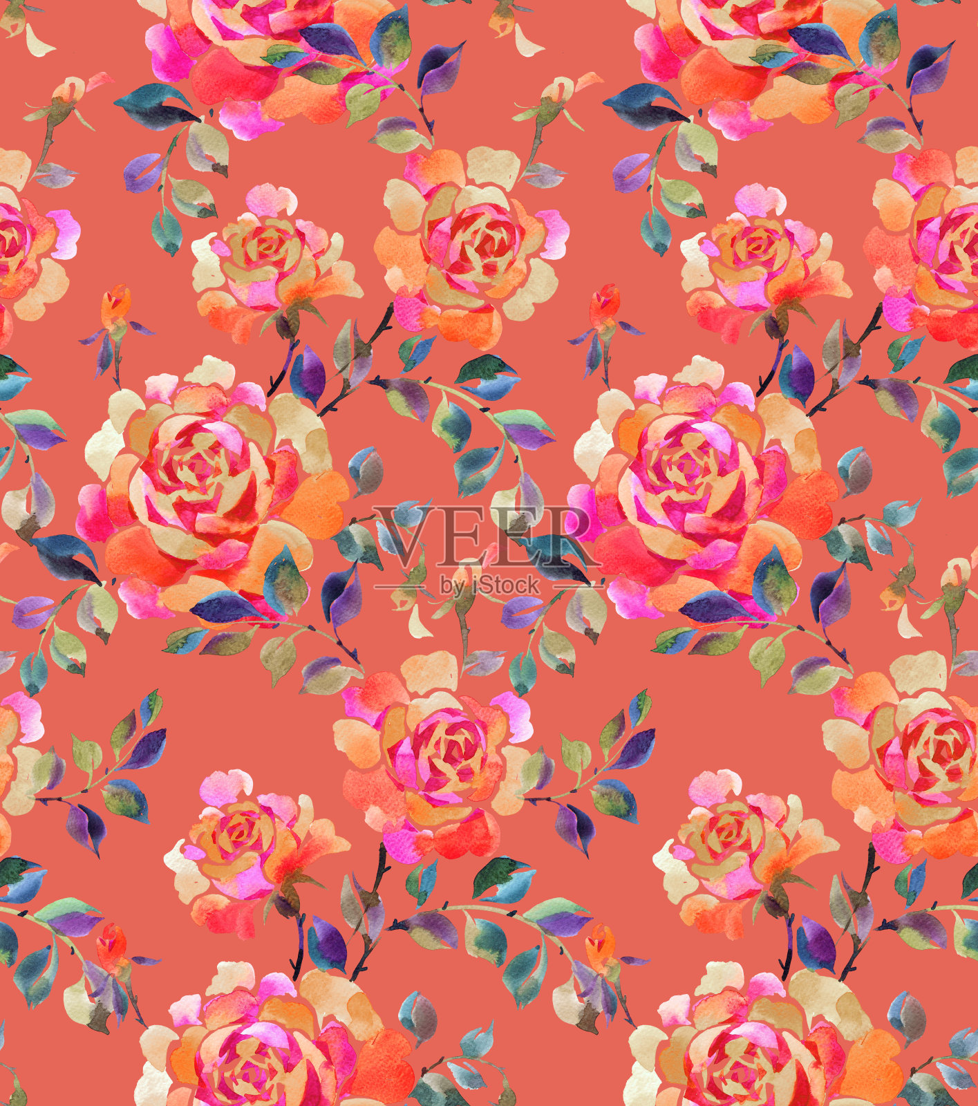水彩玫瑰无缝图案。插画图片素材