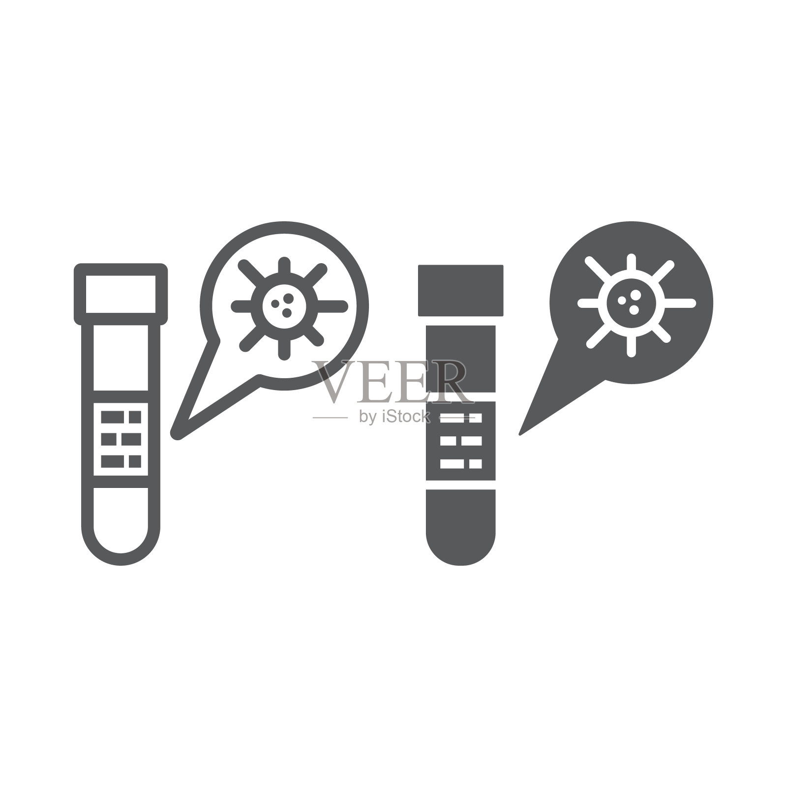 试管线和字形图标、血液和冠状病毒、带有covid-19标志的试管、矢量图形、白色背景上的线性图标,eps 10。图标素材