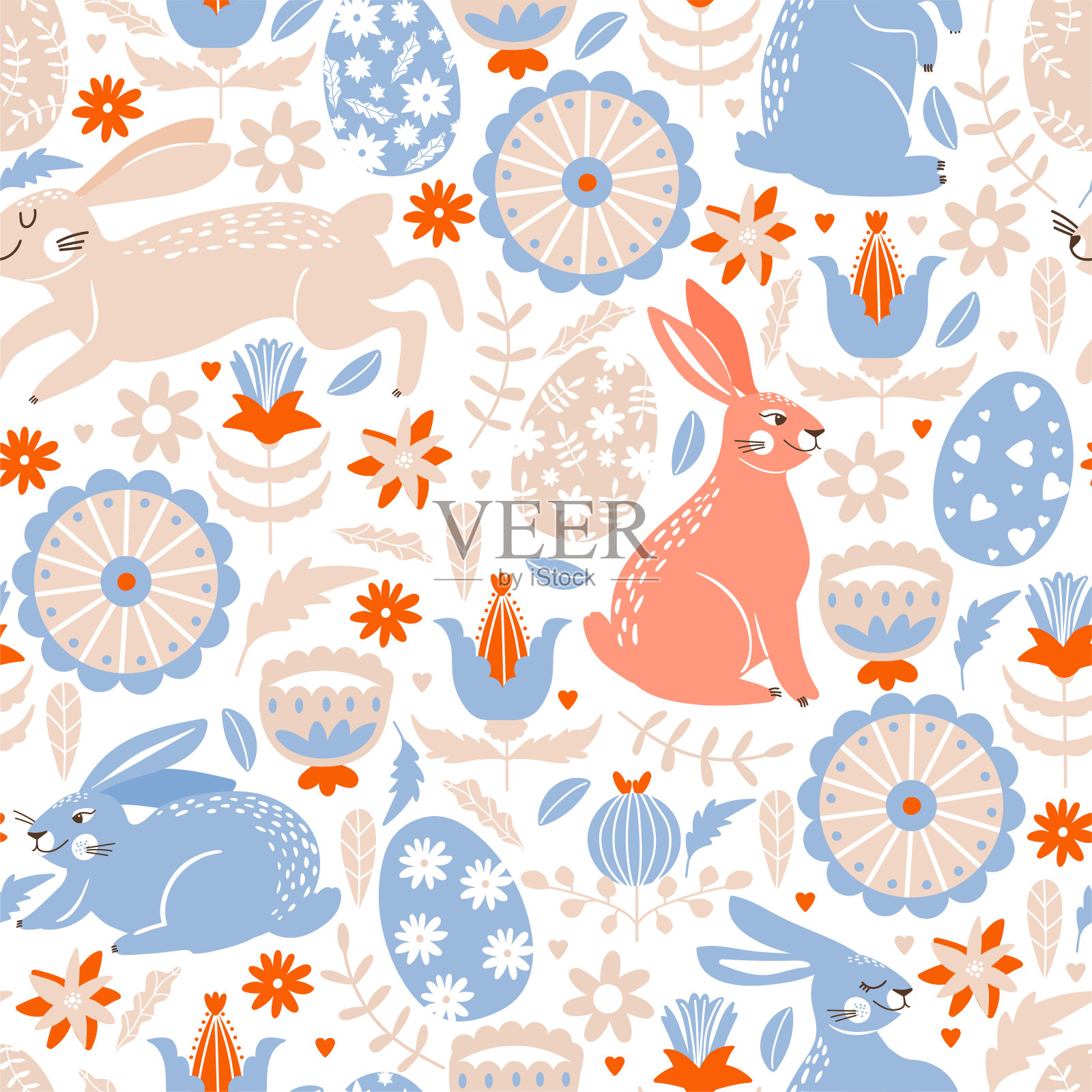 复活节用可爱的小兔子、彩蛋、花朵和树叶无缝图案。民间图案。插画图片素材