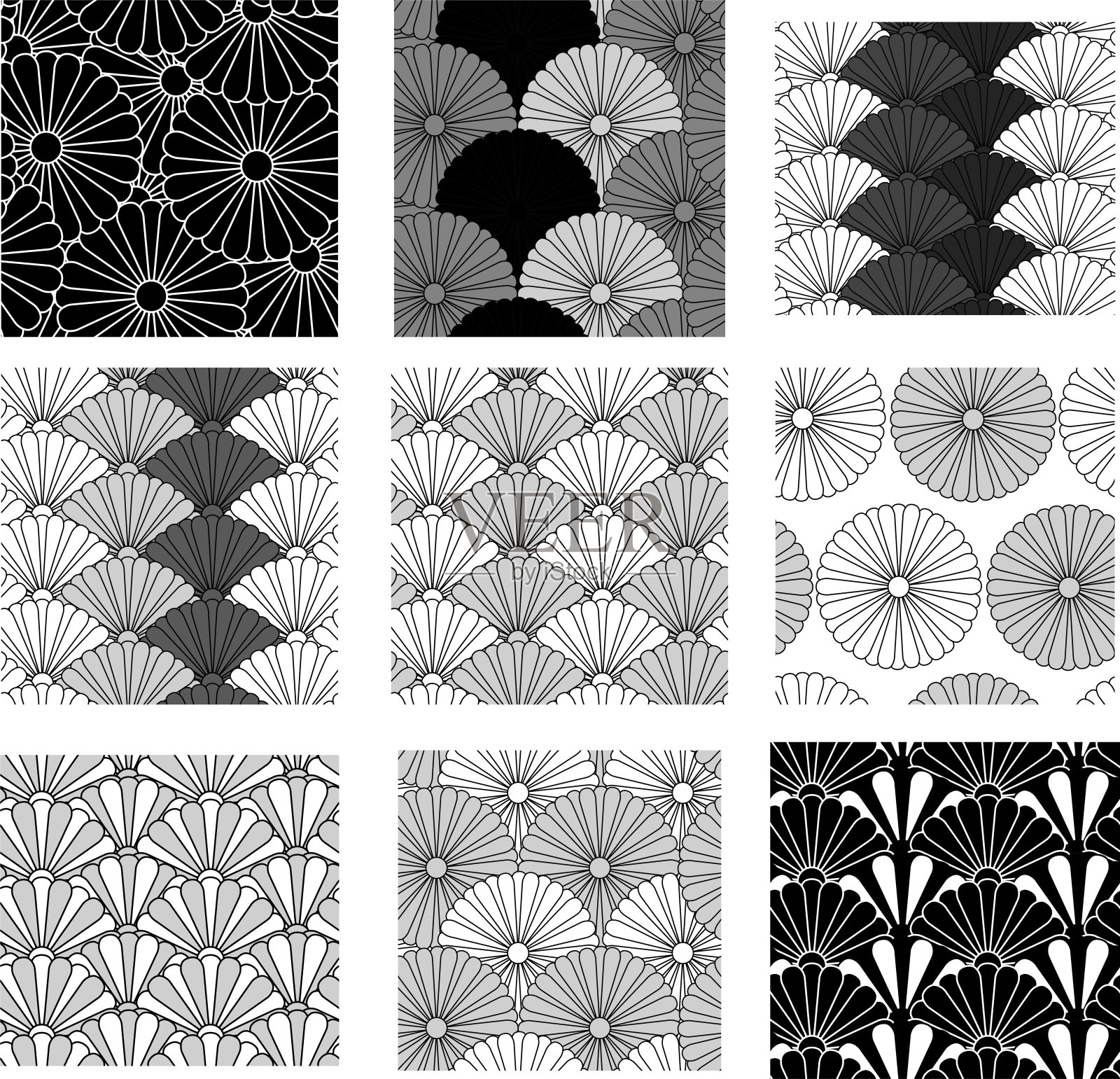 单色菊冠日式风格图案套装插画图片素材