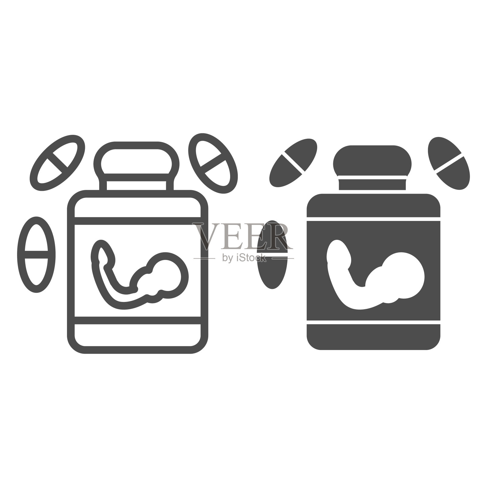 维生素线和固体图标。维生素和药瓶插图孤立在白色。矿物质维生素补充剂轮廓风格设计,设计为web和应用程序。Eps 10。图标素材