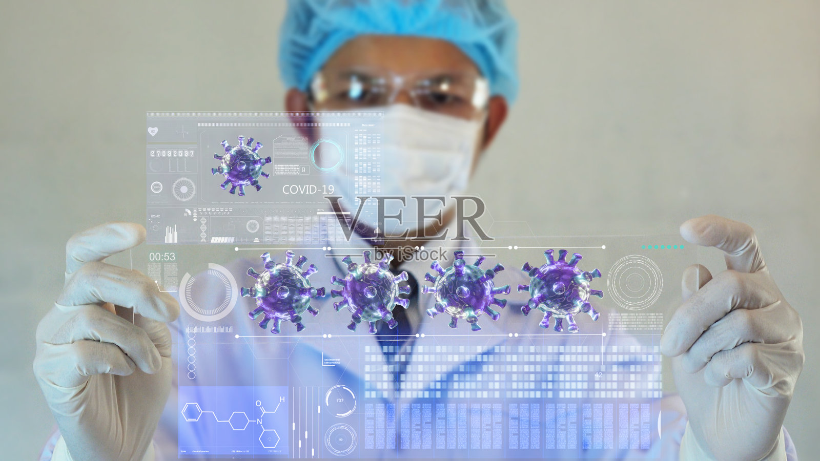 covid-19病毒。科学家在实验室用全息图技术分析冠状病毒。照片摄影图片