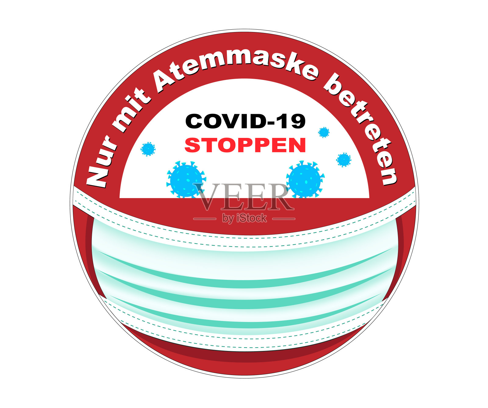 德国海豹按钮“仅佩戴呼吸面罩进入”,带口罩海豹,停止COVID-19,矢量插图,白色背景插画图片素材