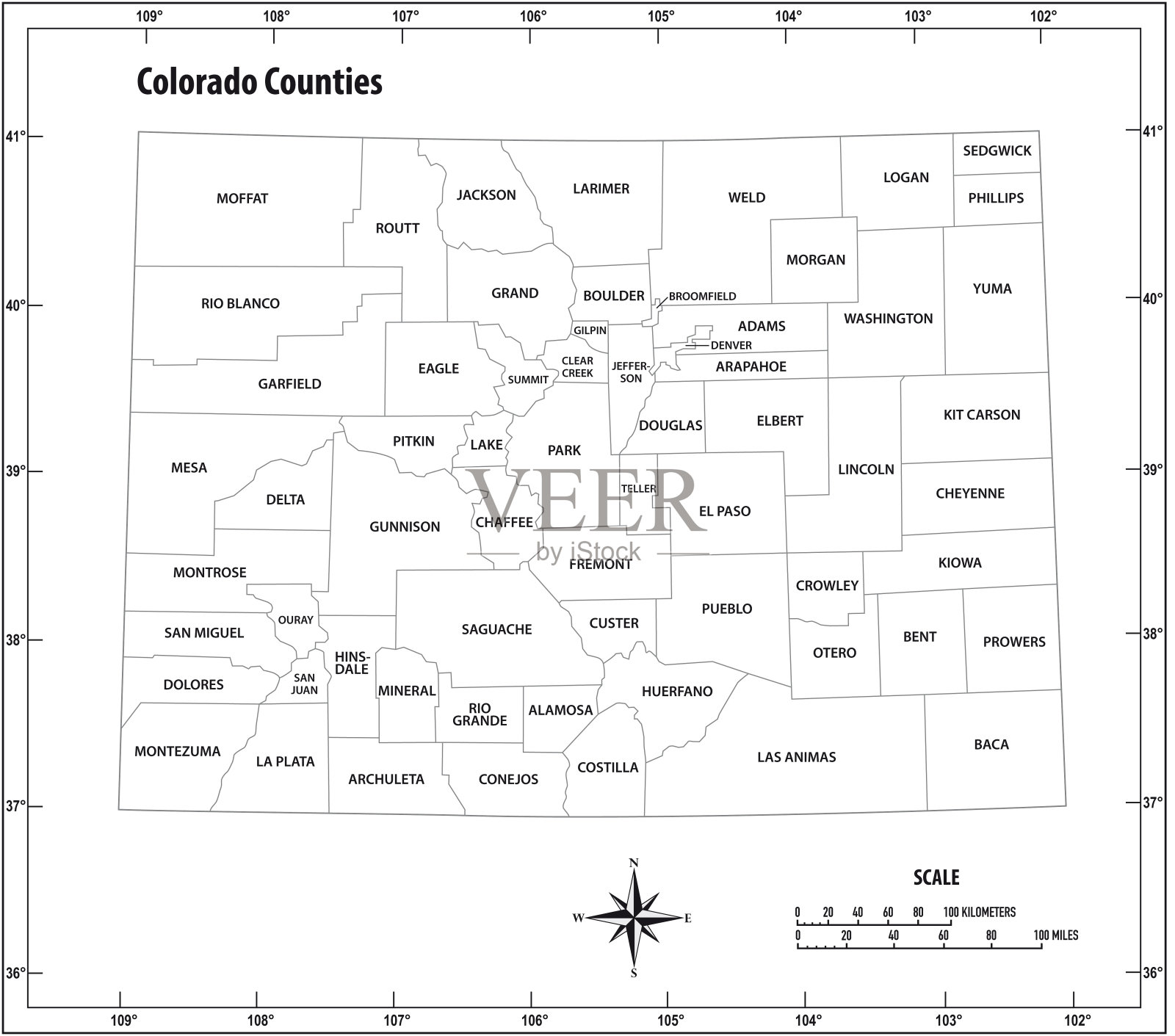 科罗拉多州大纲行政和政治矢量地图的黑白插画图片素材