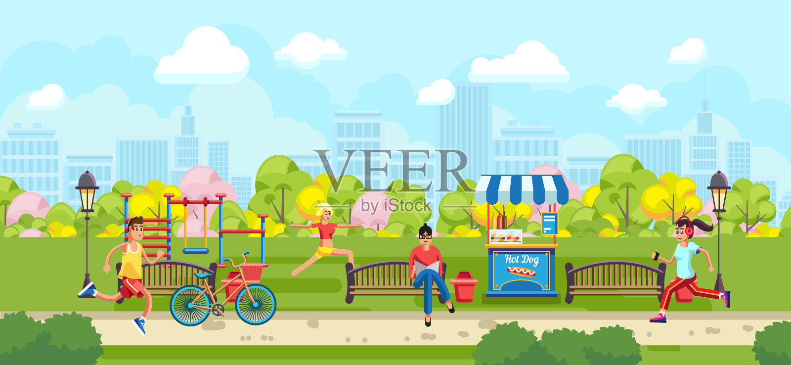 城市公园里的人们插画图片素材