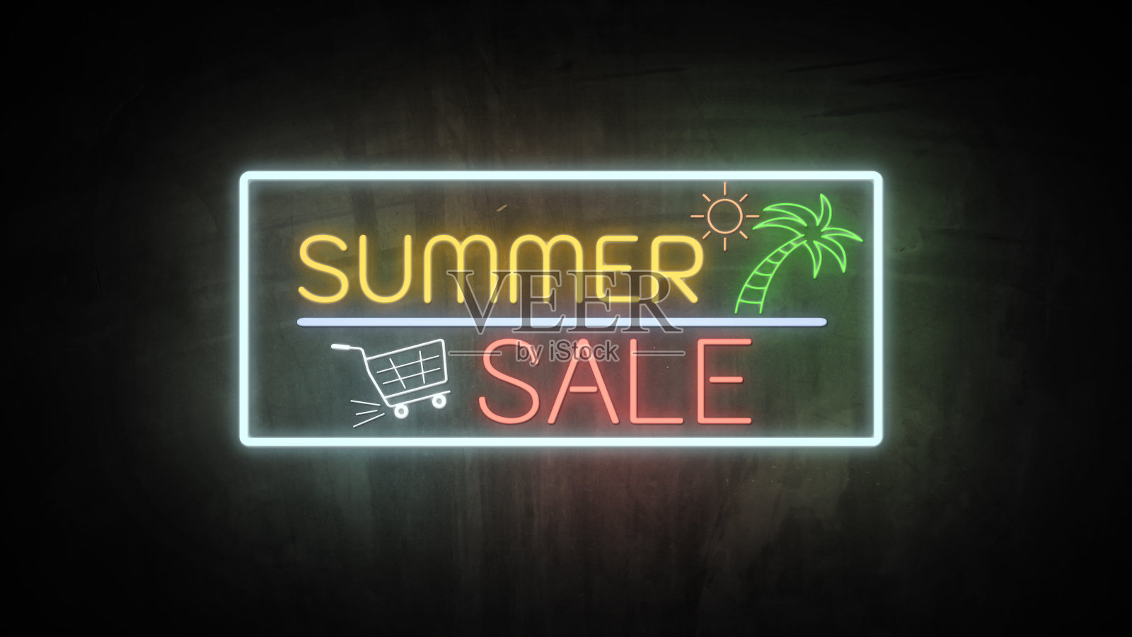 夏季大减价霓虹灯挂在墙上。销售横幅闪烁霓虹灯风格的宣传片。销售和清关的概念照片摄影图片