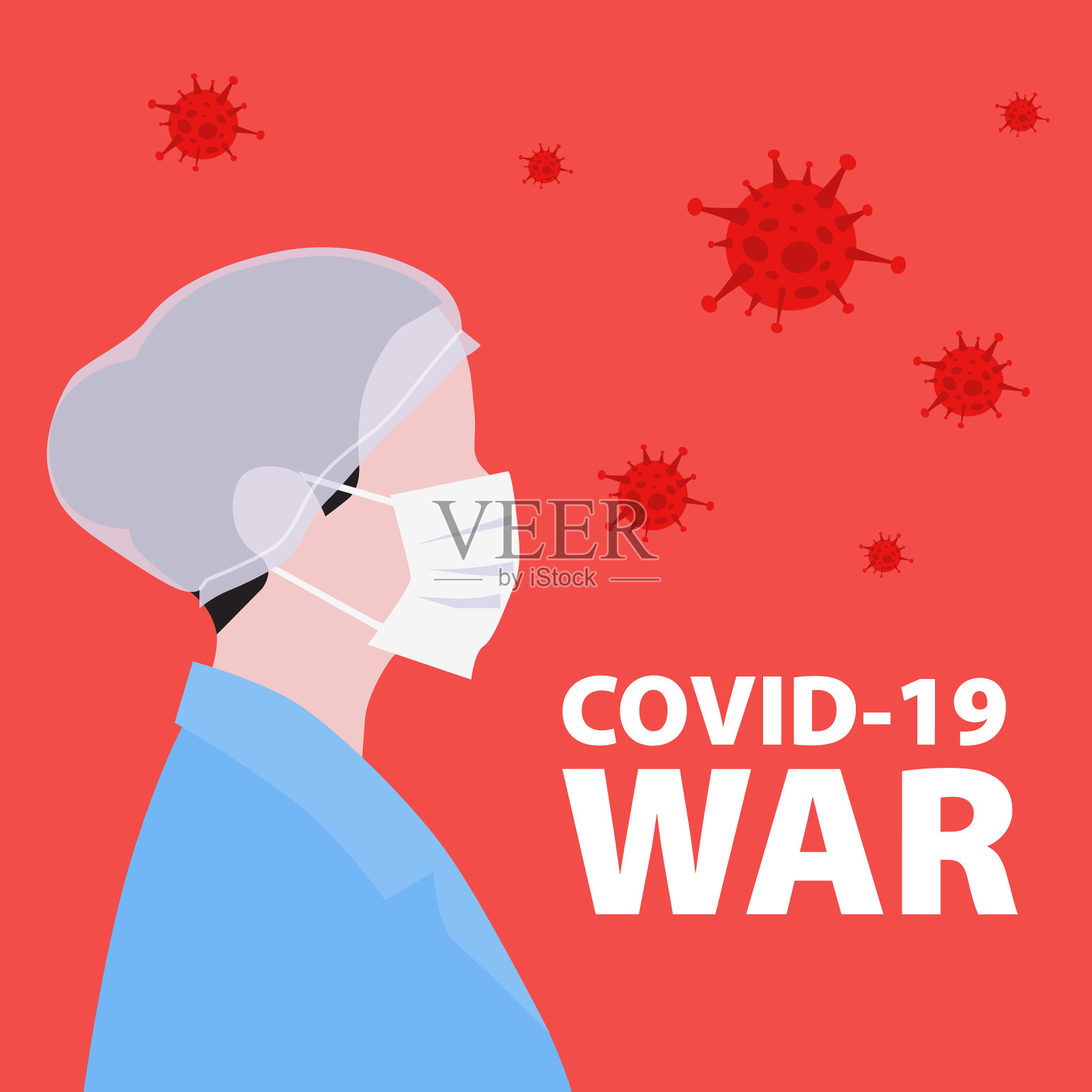 矢量手绘插图护士或医生口罩周围的病毒在红色背景。插画图片素材