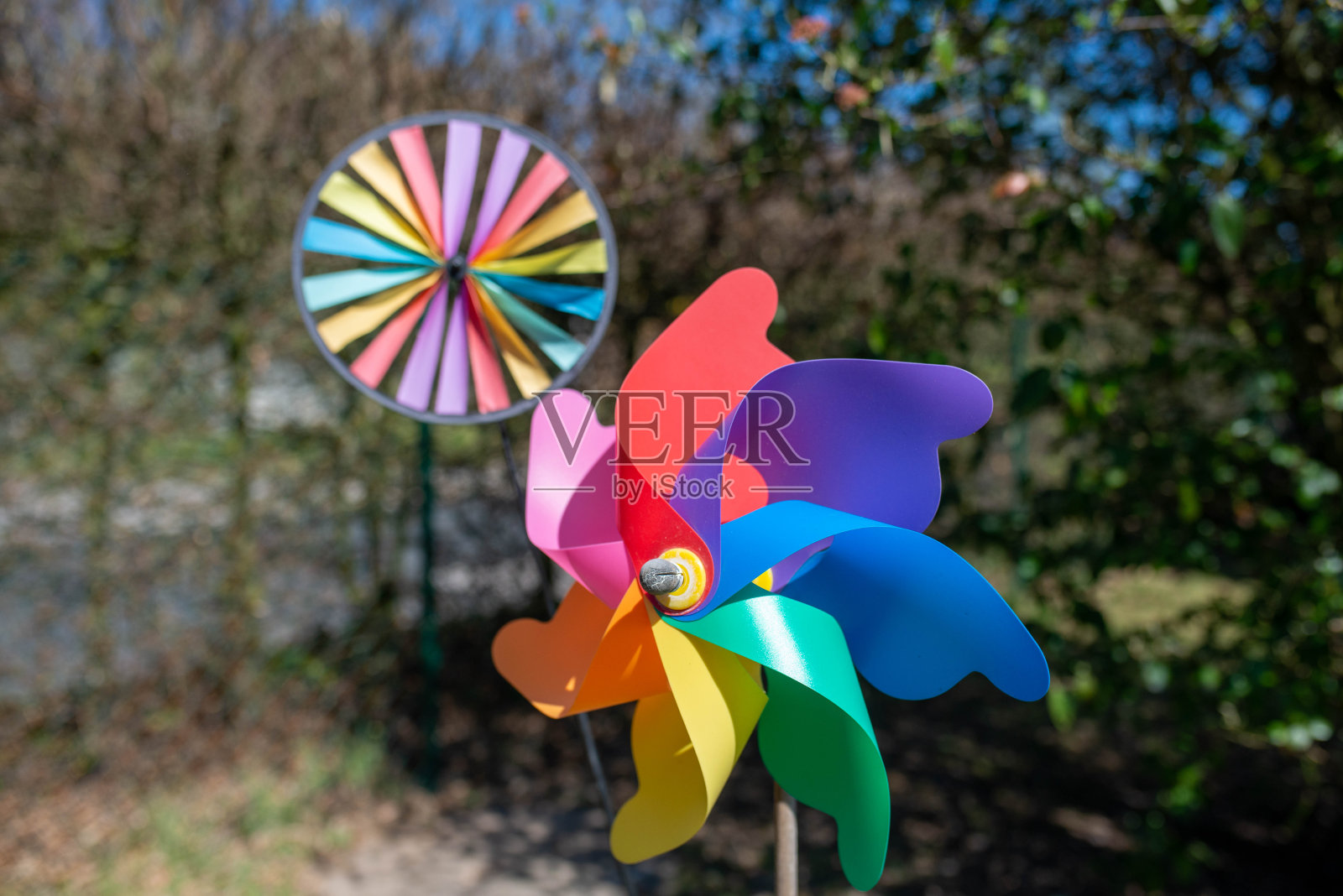 彩虹色的风车花园装饰照片摄影图片