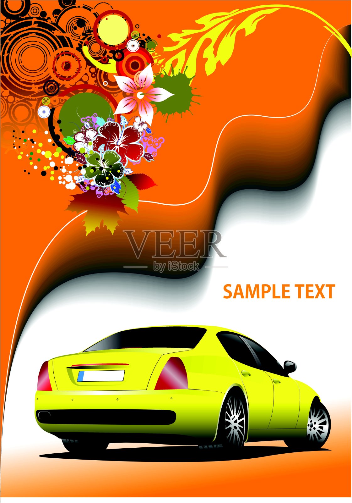 花卉背景与黄色汽车形象。矢量插图。在插画图片素材