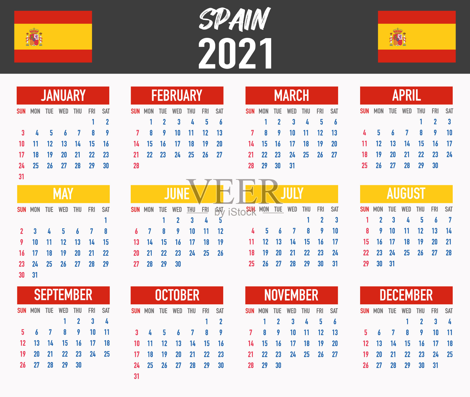带有国旗的西班牙日历。月、日、周。色彩缤纷的调色板,时尚简约的平面设计。矢量插图背景为网络,桌面,商业,提醒,计划,排版设计模板素材