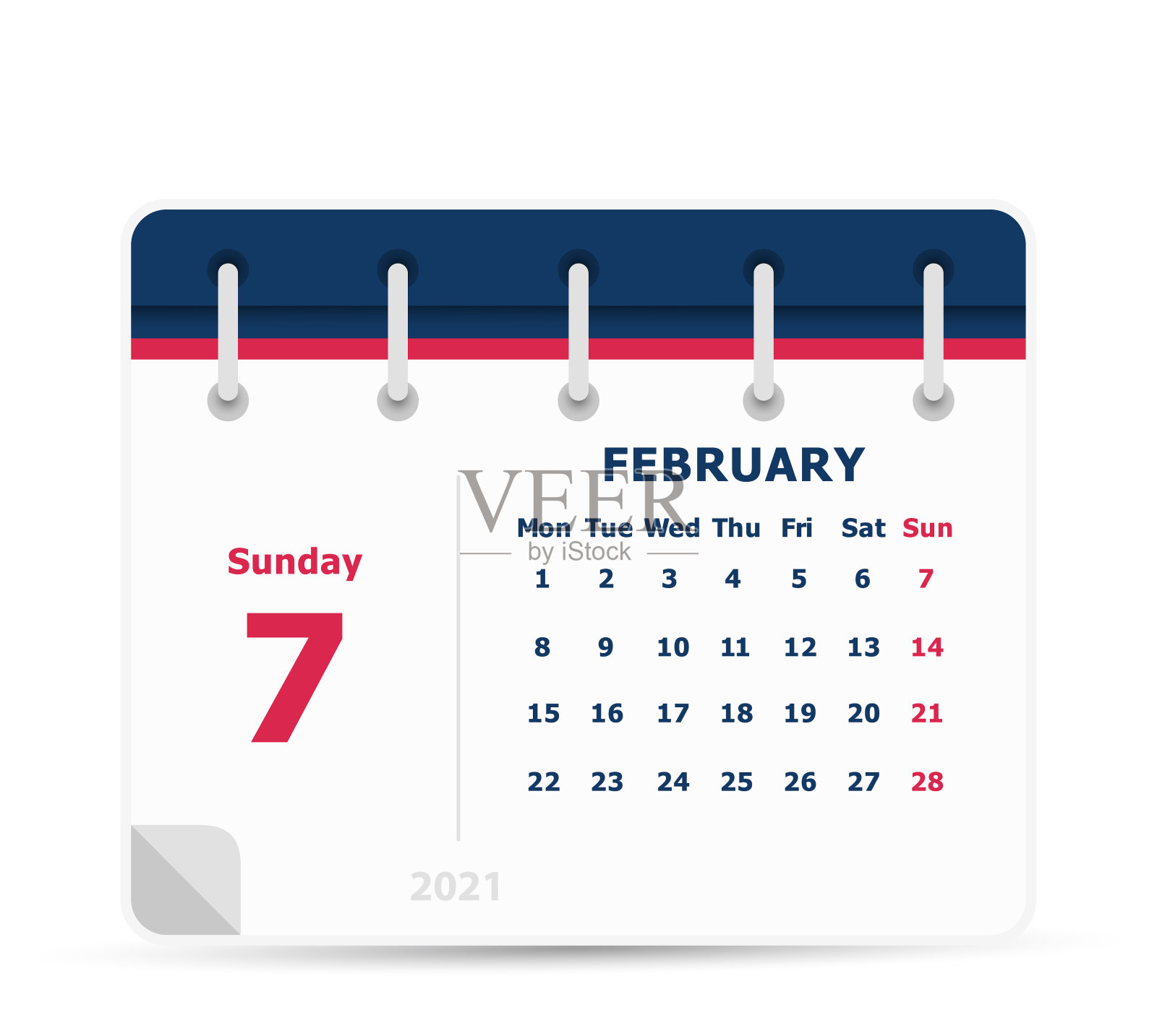 2月7日-日历图标- 2021 -周从周一开始。日历设计模板。插画图片素材