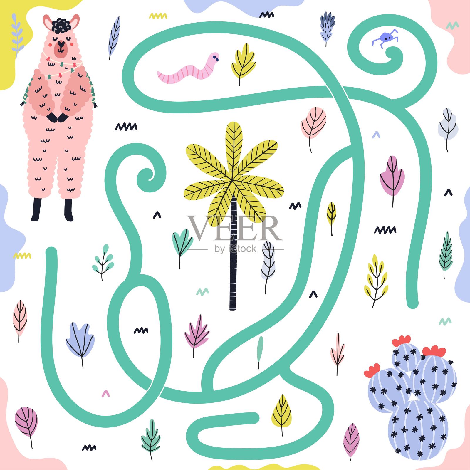 帮骆驼找到仙人掌的路。迷宫游戏的孩子与可爱的美洲驼插画图片素材