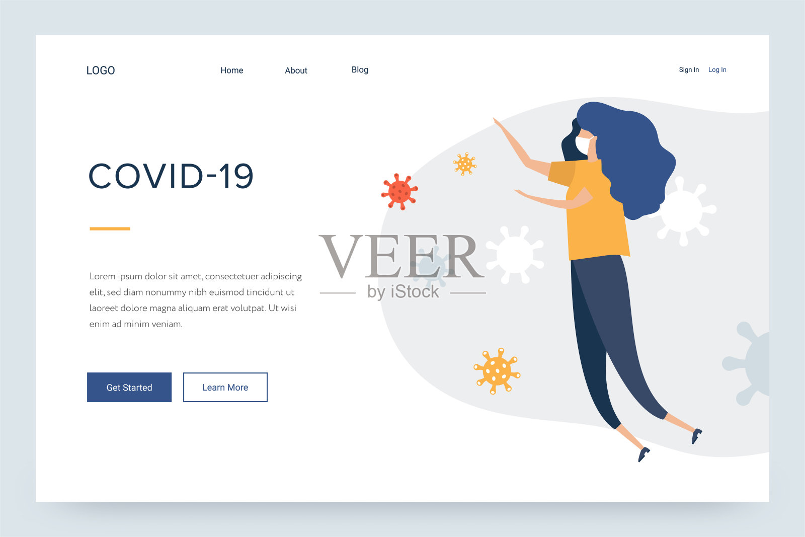 冠状病毒COVID-19预防措施。戴口罩预防疫情。网站模板登陆页面设计。医疗保健和医疗理念。矢量插图平面设计。为文本复制空间。设计模板素材