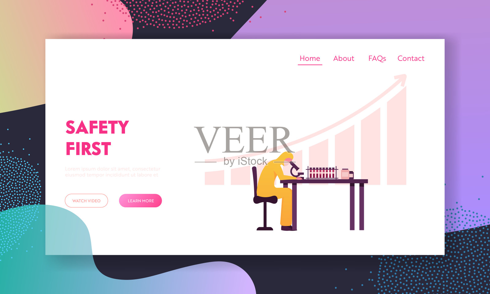 制药或化学实验室研究着陆页模板。穿着防护服的科学家角色在化学实验室工作,搜索新型冠状病毒疫苗或做试验。卡通矢量图插画图片素材