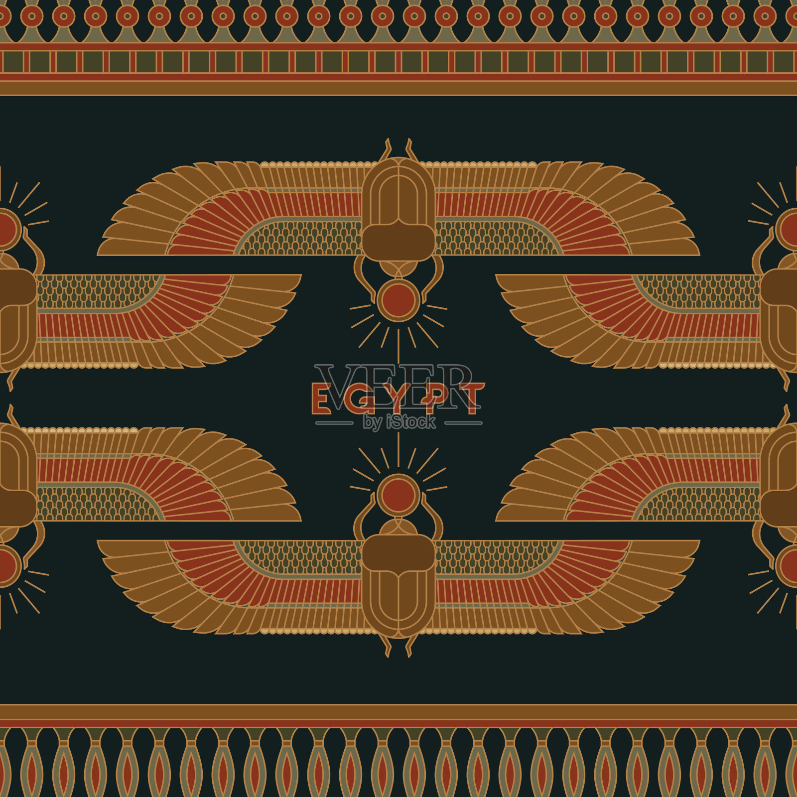 古埃及的符号,以一种毫无意义的图案的形式,一只圣甲虫的爪子和翅膀上有一个太阳符号的插图插画图片素材