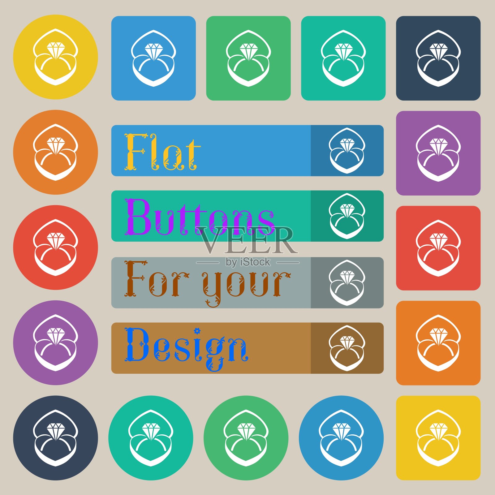 钻石戒指标志。二十套彩色平,圆,方和矩形按钮。向量图标素材