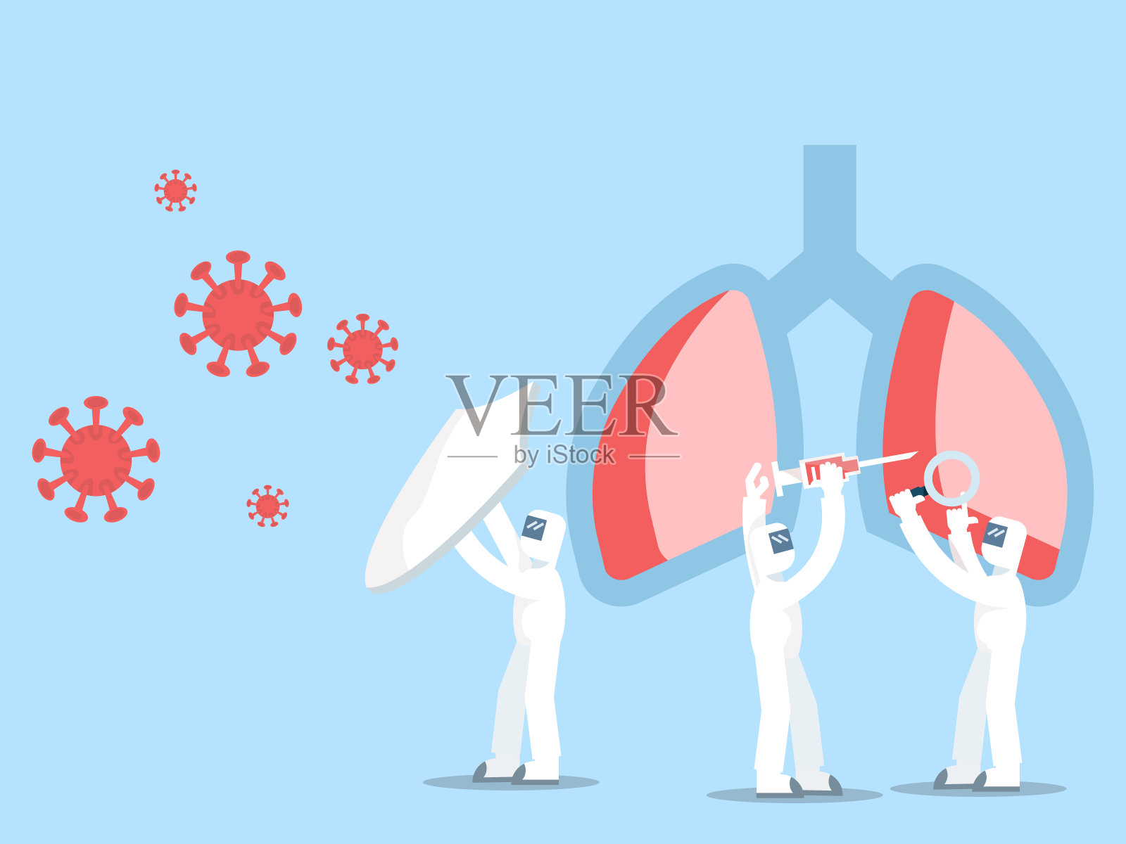 Covid-19、冠状病毒概念医生穿着防护服抗击病毒插画图片素材