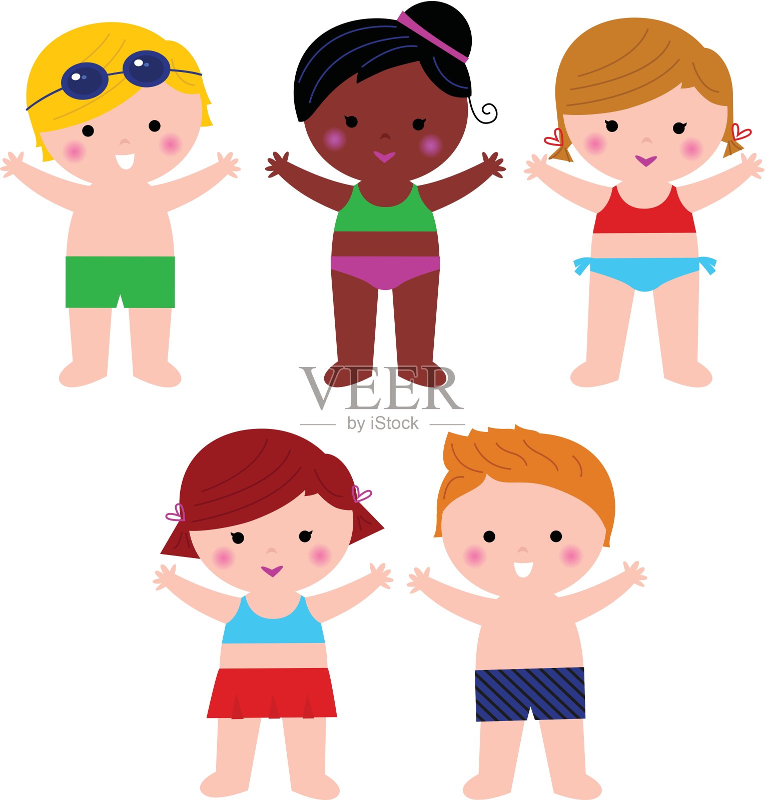 可爱的夏天的孩子在泳衣设置孤立的白色插画图片素材