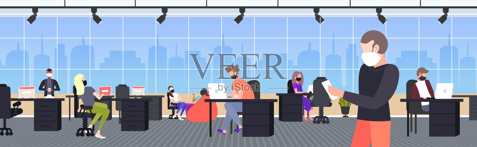 戴口罩工作的商人,以预防新型冠状病毒的大流行病毒防护插画图片素材