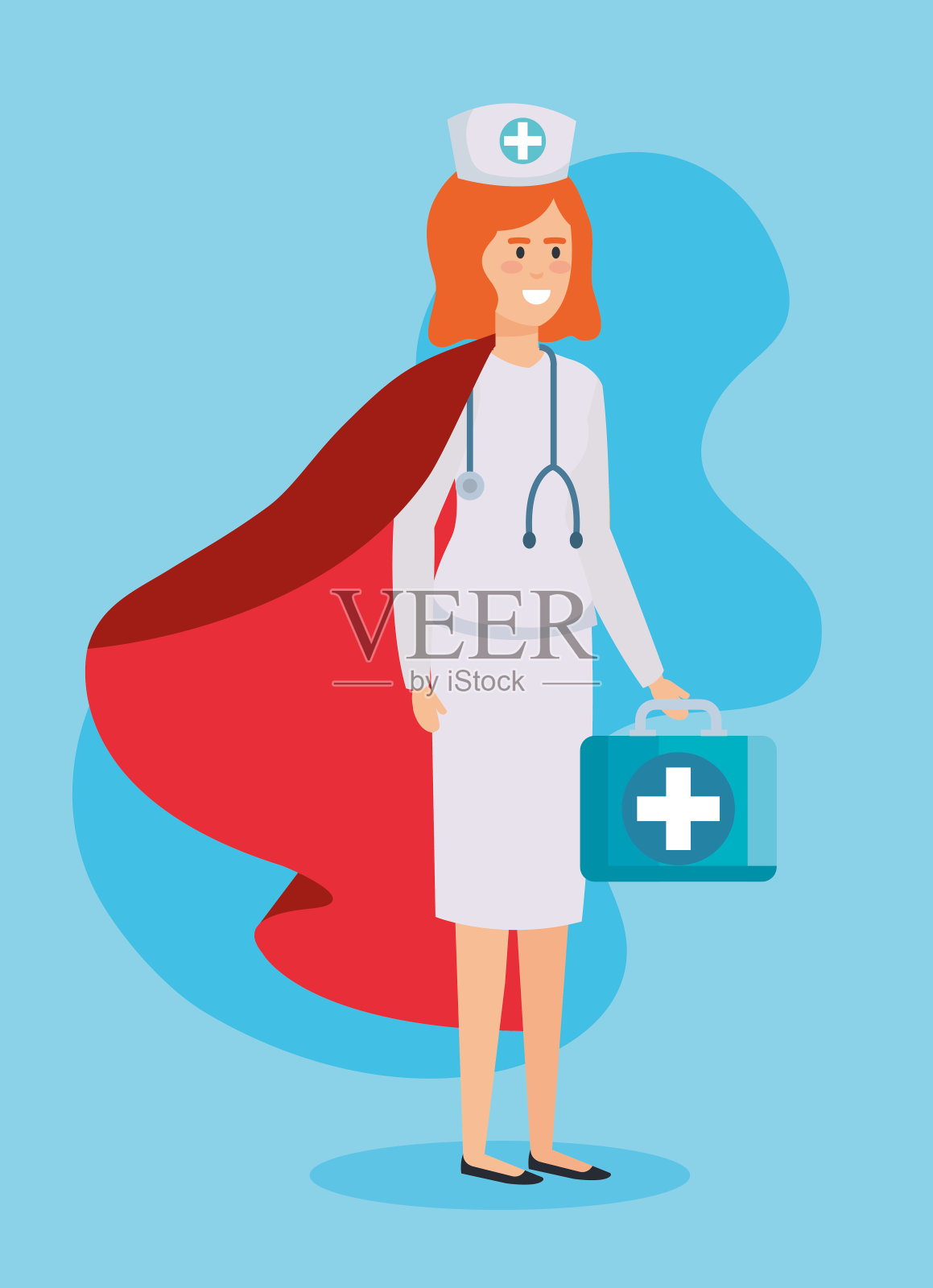 穿着英雄斗篷和急救箱的超级护士插画图片素材