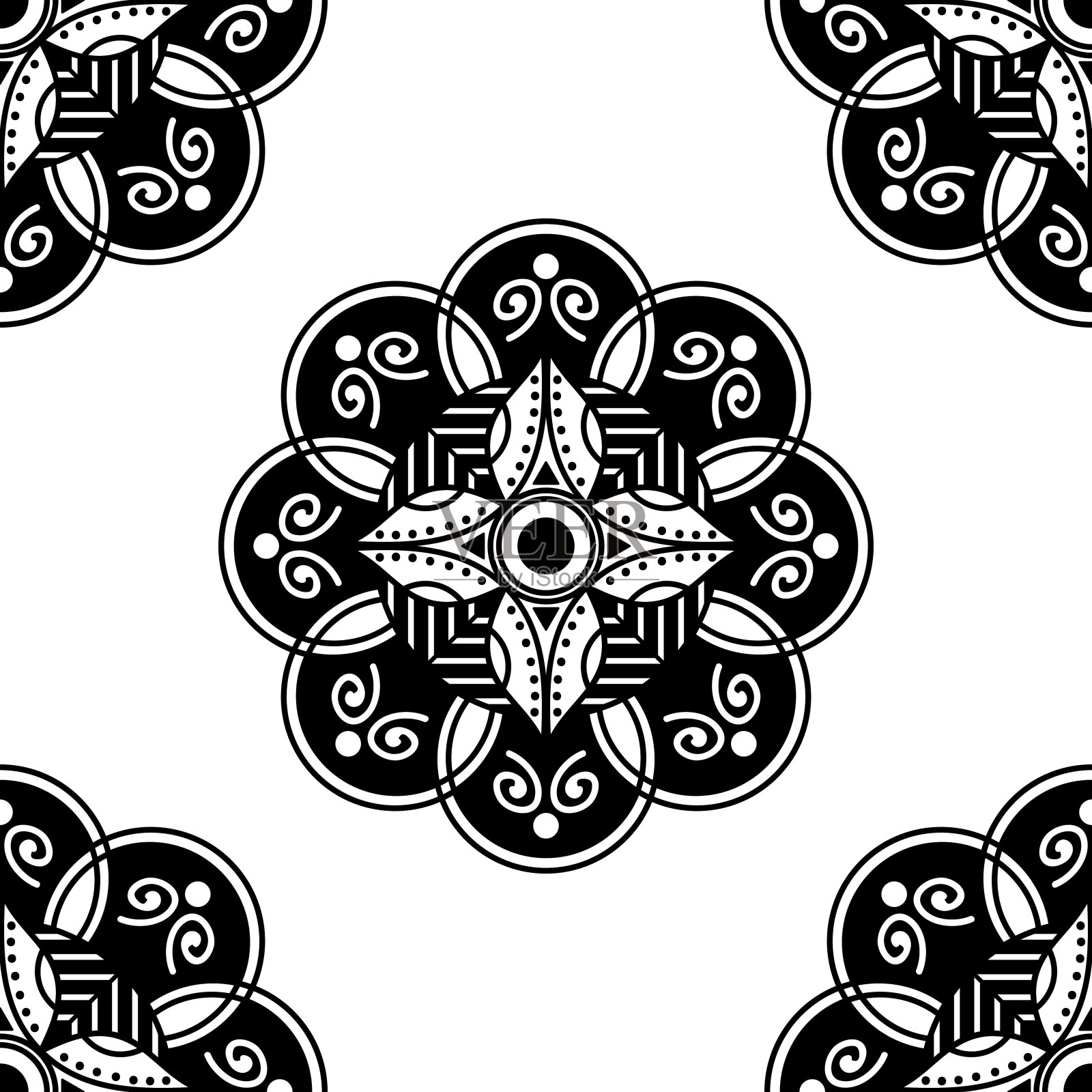 曼陀罗无缝黑白图案。伊斯兰教,阿拉伯语,巴基斯坦,摩洛哥,土耳其,印度,西班牙主题。矢量插图EPS 10插画图片素材
