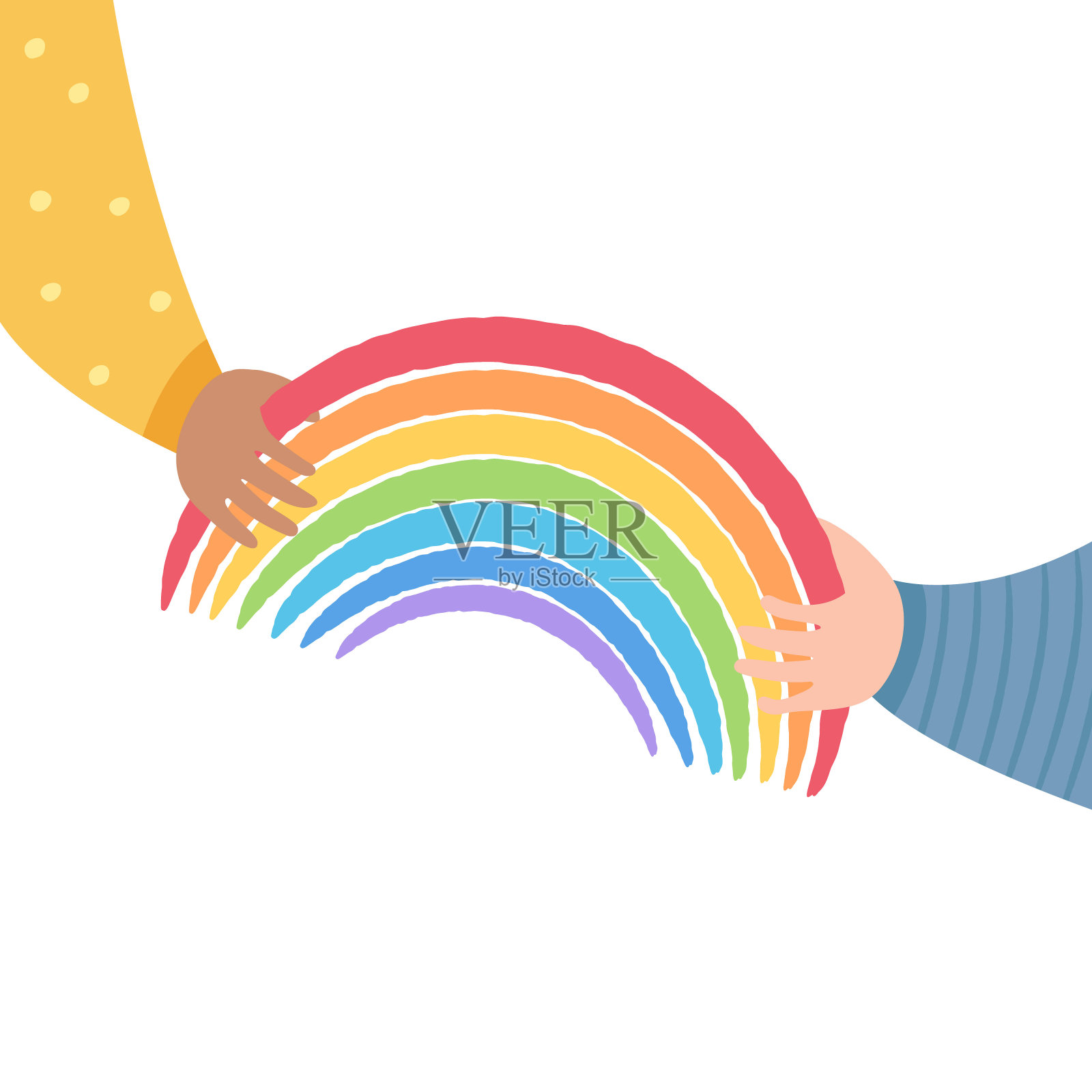 一个孩子把彩虹传给另一个孩子。友谊和支持的概念。彩虹是希望和同情的象征。居家隔离,预防冠状病毒感染。矢量插图上的白色背景设计元素图片