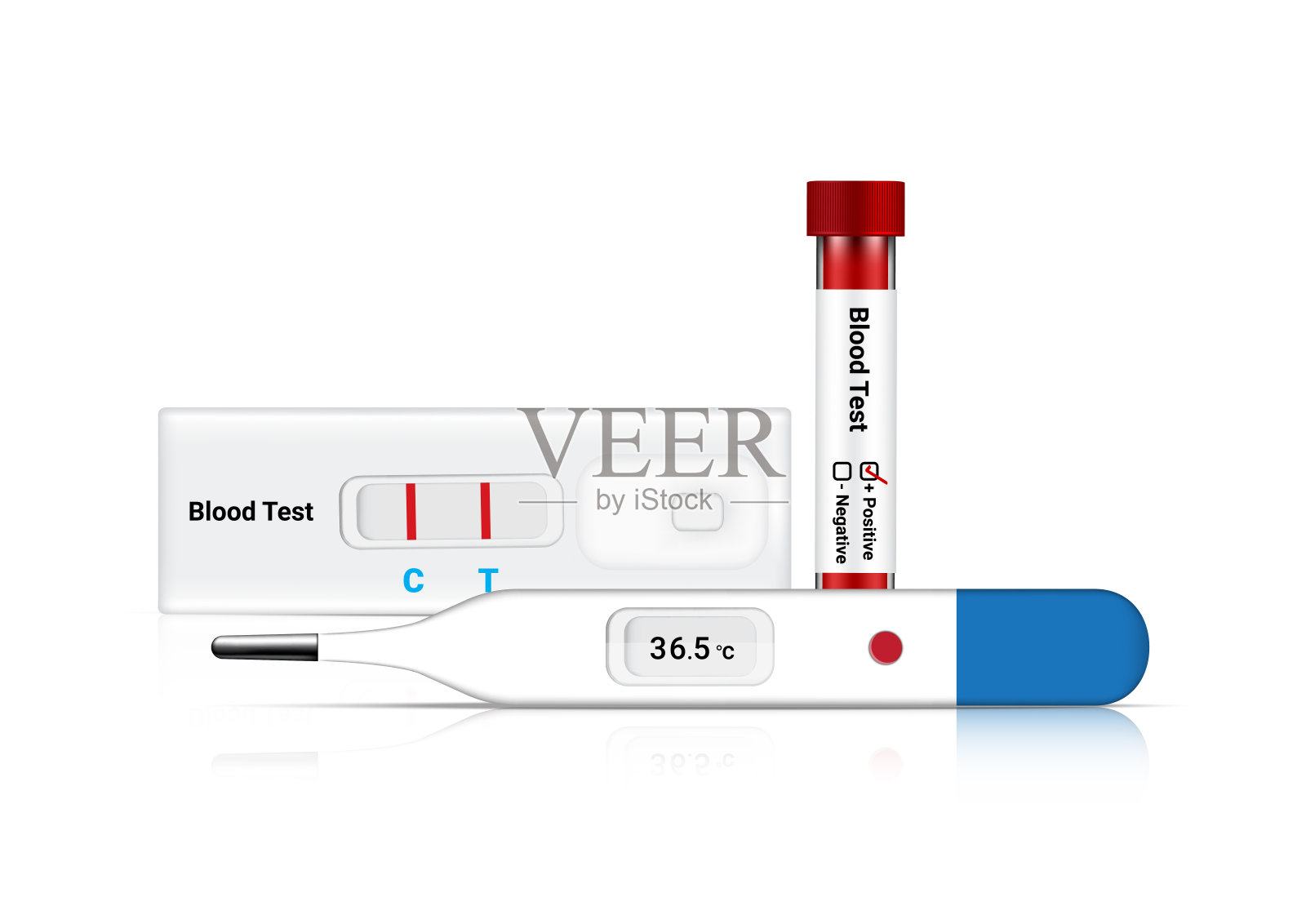模拟真实的血液测试小工具,试管和数字温度计。医院工具设计矢量插图。医疗保健概念。插画图片素材