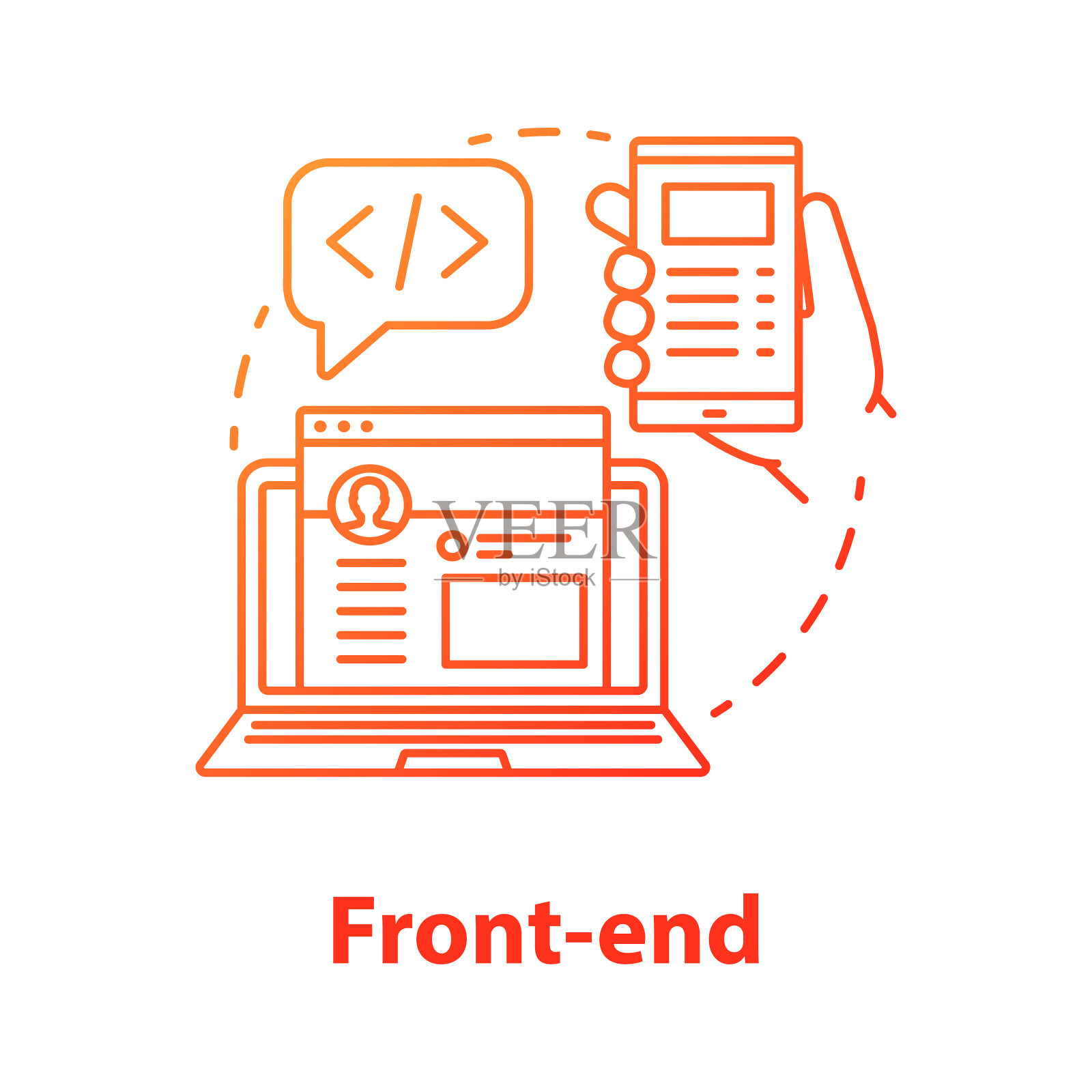 前端概念图标。软件开发工具包理念的细线说明。服务编排。编程和编码。响应性的网站设计。矢量孤立轮廓图插画图片素材