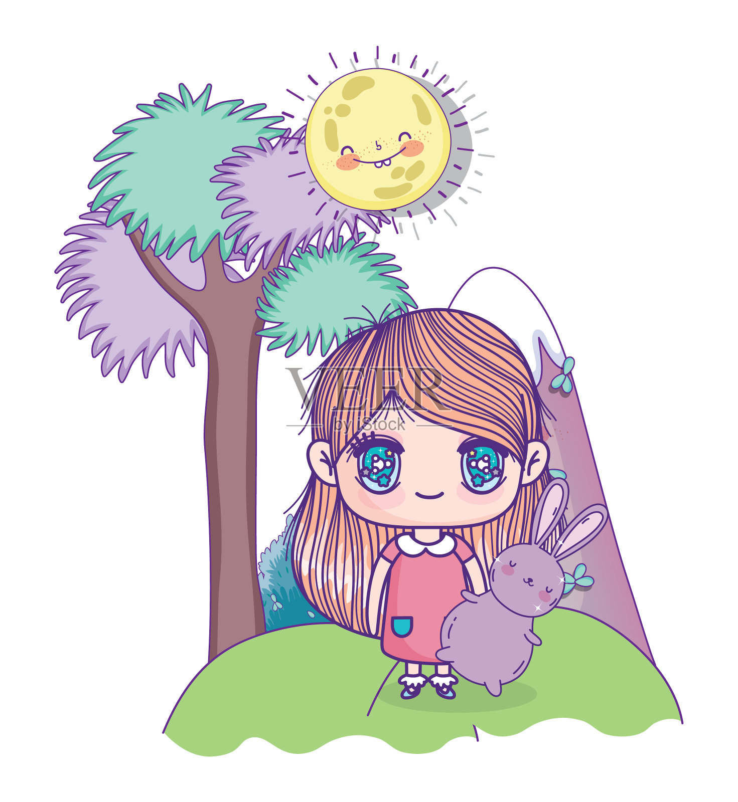 小朋友可爱的小女孩动漫与兔子设计元素图片