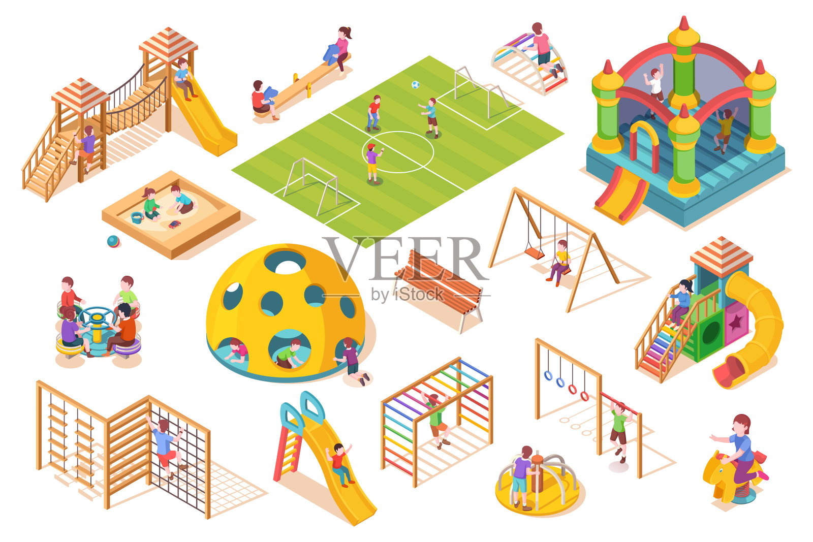等距项目或设备的操场上玩的孩子或孩子。校园或操场上玩滑梯和跷跷板,秋千和沙箱,旋转木马和足球场,梯子和城堡。户外游戏插画图片素材