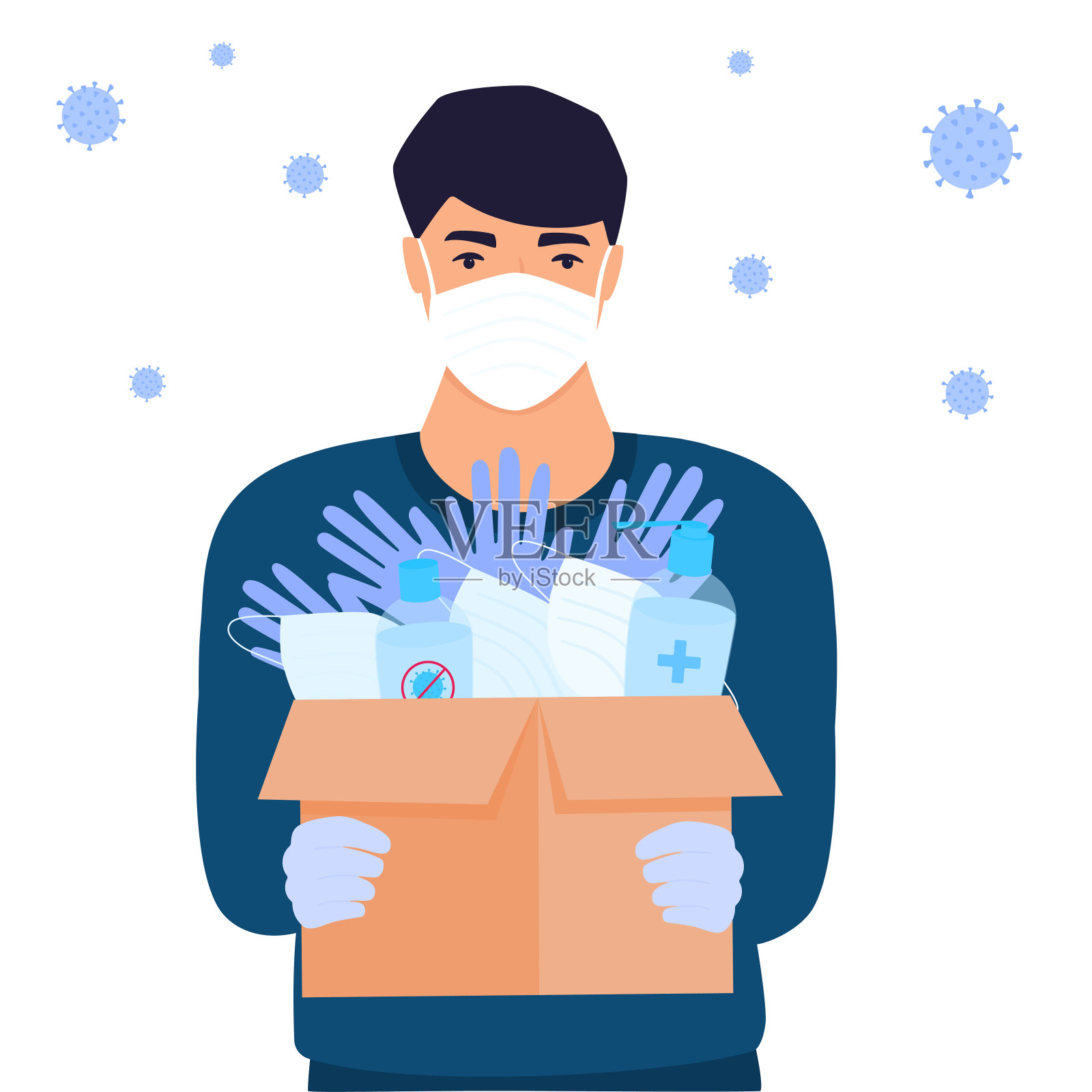 新冠肺炎疫情:人道主义援助,提供医用防护口罩、手套和消毒剂,新冠病毒疫情,送货员正在运送包裹插画图片素材