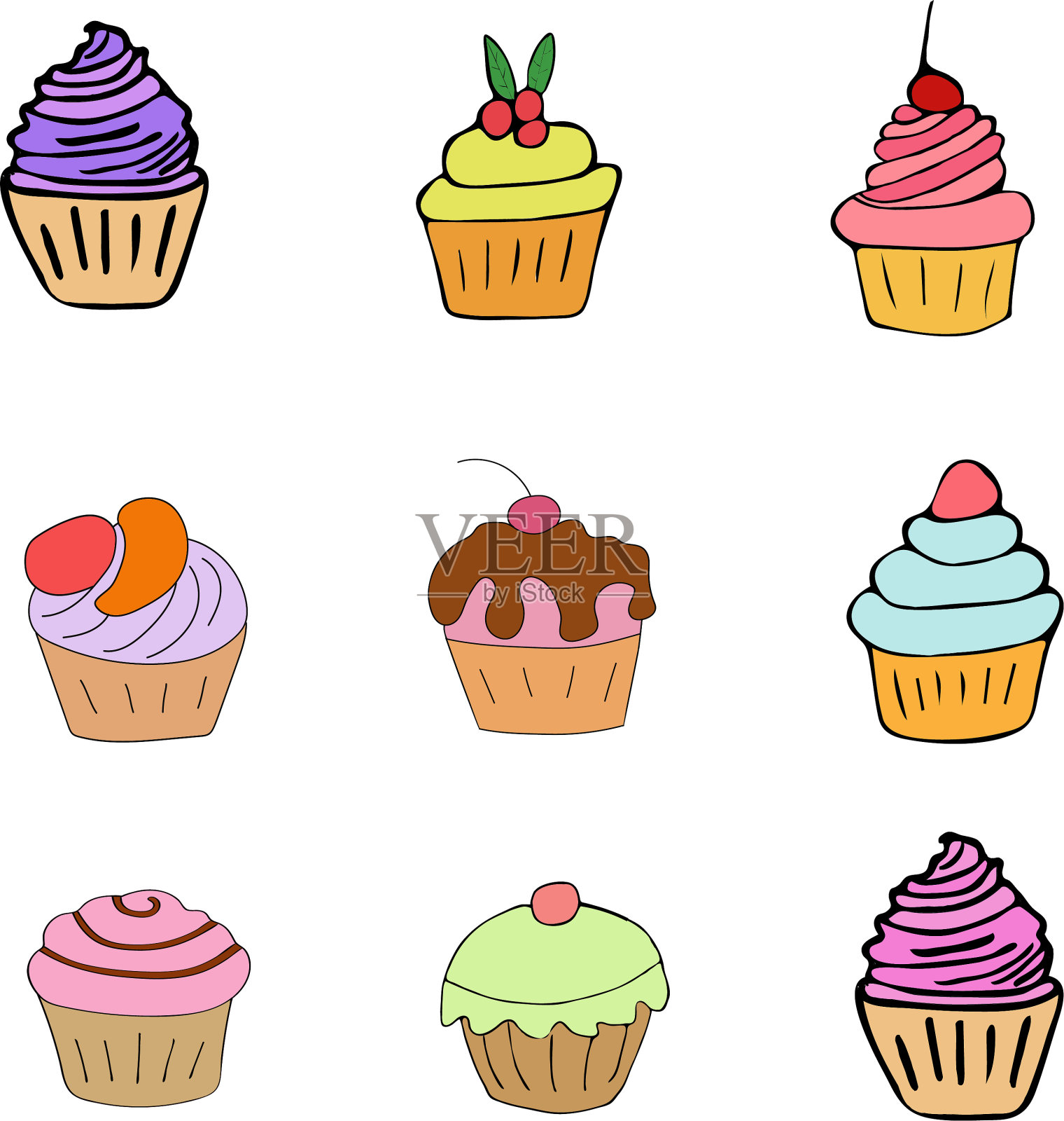 白色背景上的各种蛋糕。糖果。手草图。孤立的对象。插画图片素材