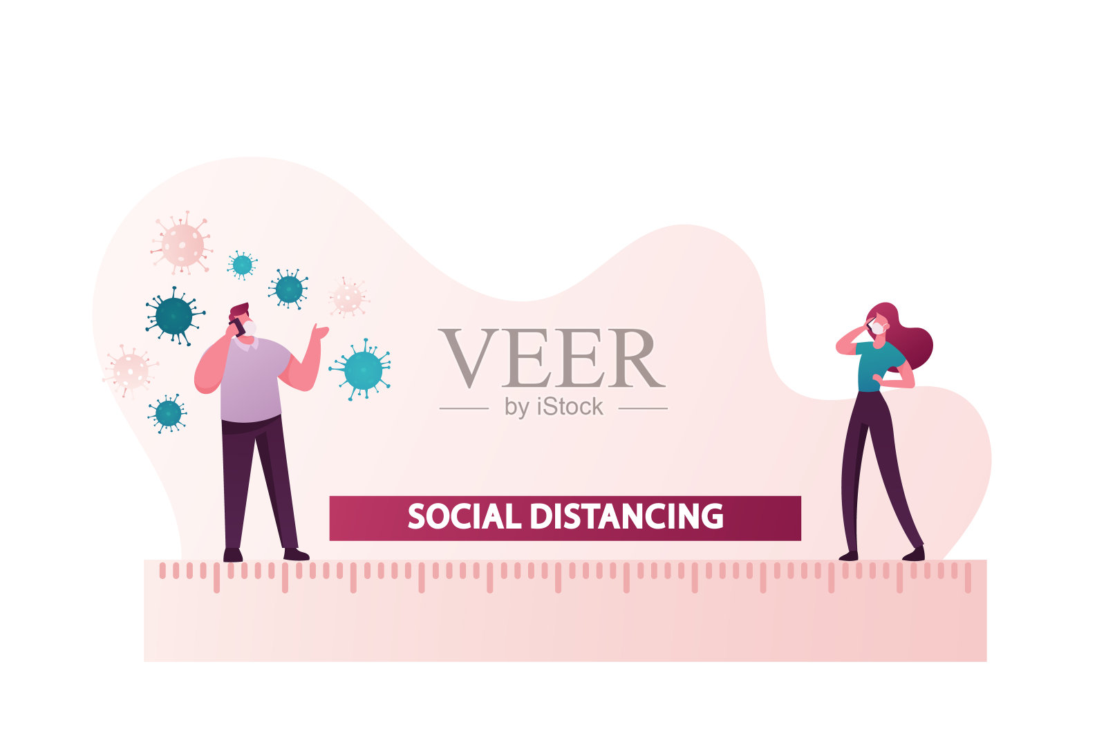 社会距离。公共场所保持距离,防止疫情传播。面具中的人物站在标尺上,周围有病原体。卡通人物矢量插图插画图片素材