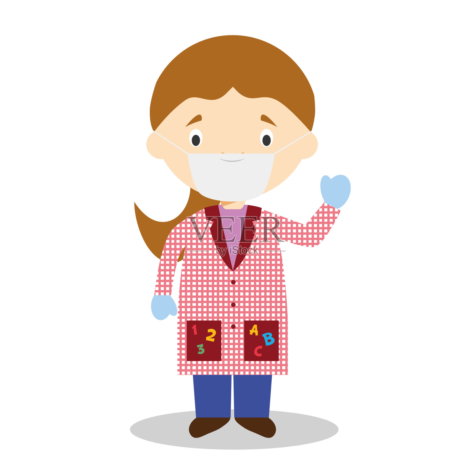 可爱的卡通矢量插图的女教师与外科口罩和乳胶手套的保护,以防止健康紧急情况插画图片素材