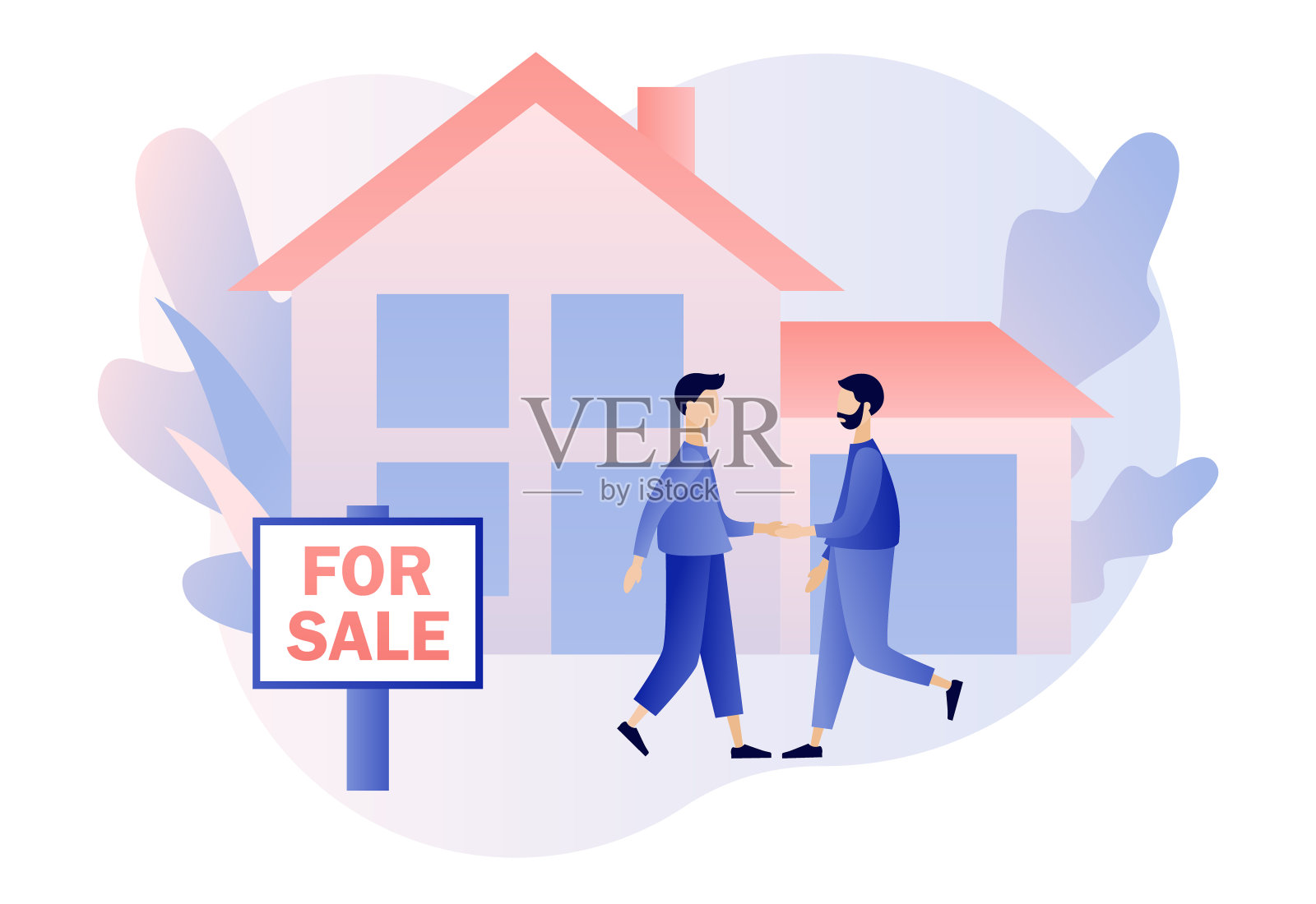 房地产的经营理念与房屋。待售的房子。小小的房地产中介或经纪人与购房者握手。现代平面卡通风格。矢量插图上的白色背景插画图片素材