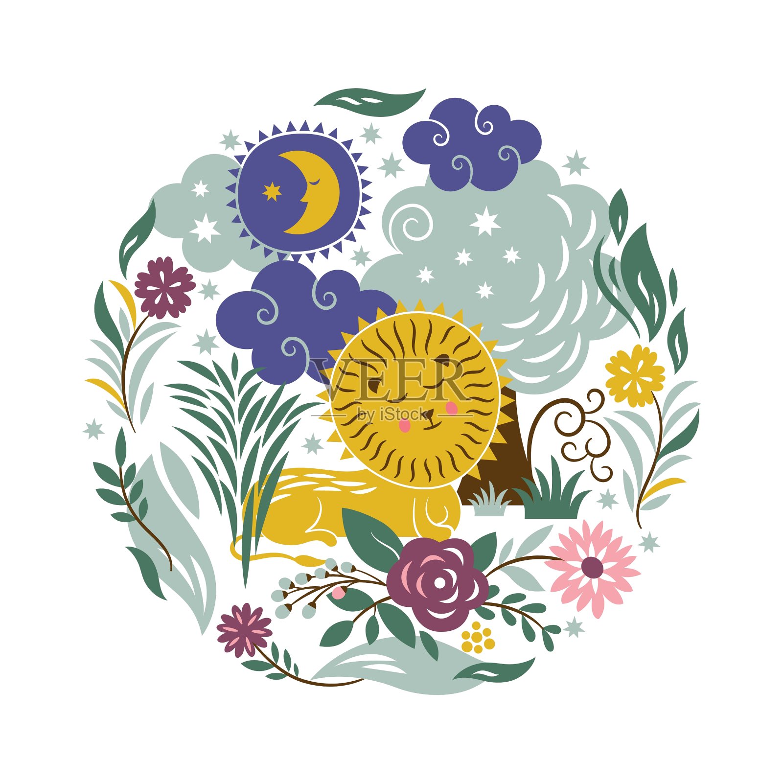 沉睡的狮子与树木和鲜花的陪伴设计元素图片