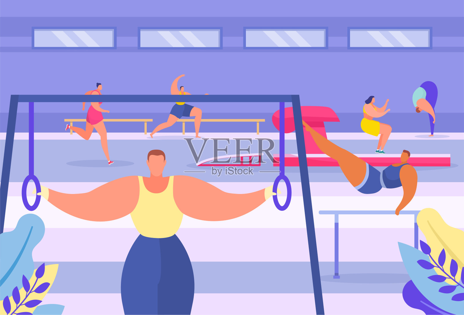 现代体操体育馆里的杂技、人拉杠、体育赛事、心脏锻炼、平面矢量插图。插画图片素材