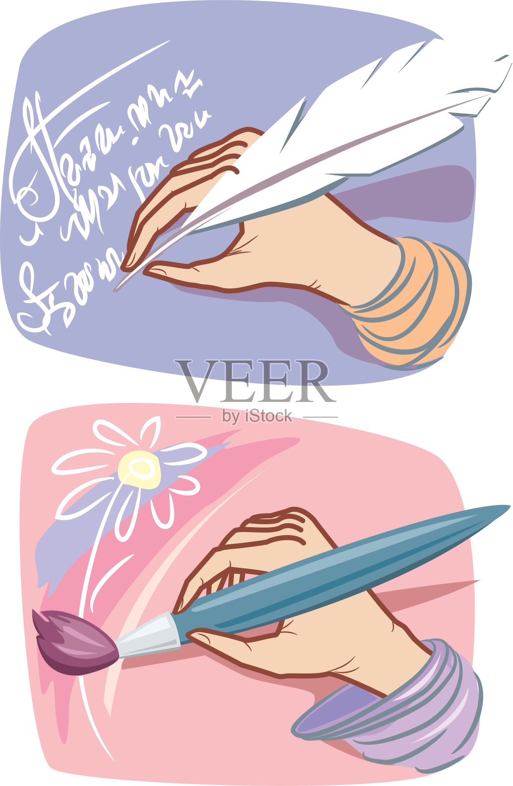 手有羽毛和刷子插画图片素材