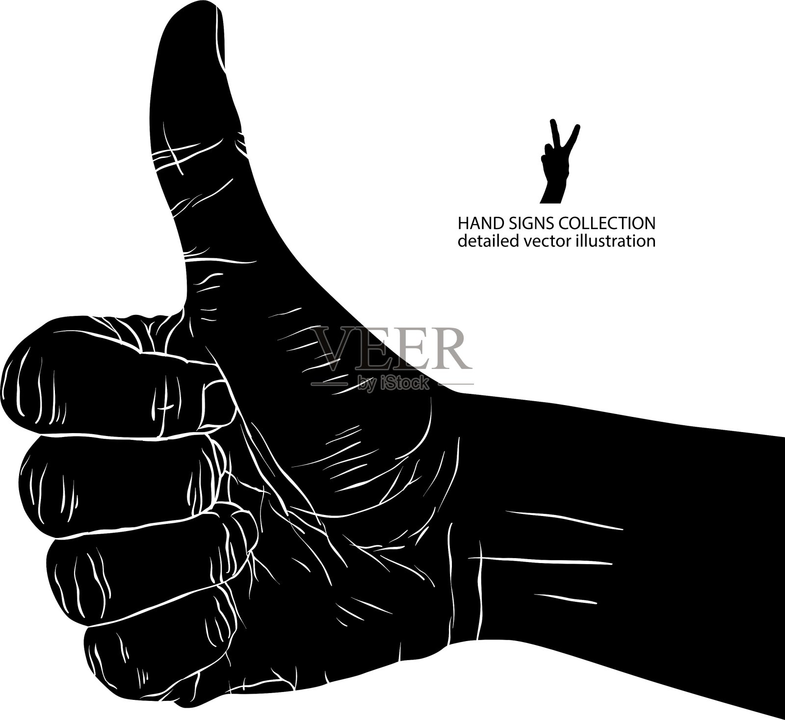拇指向上的手势详细的黑白插画图片素材