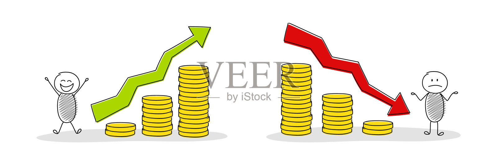 手绘卡通stickman与钱的图表和箭头收集。向量插画图片素材
