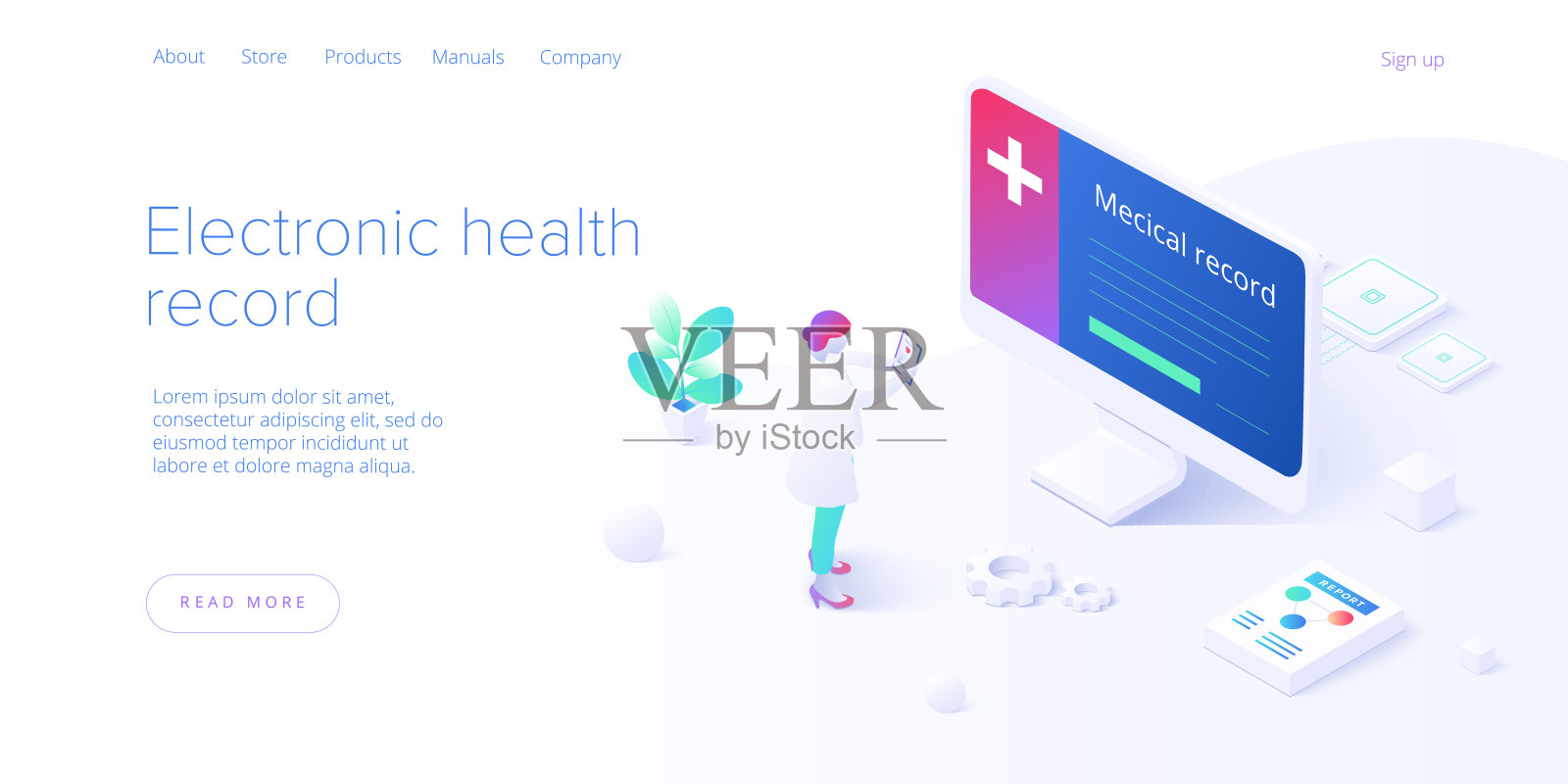 电子医疗记录的等距矢量设计概念。男性医生或医生在智能手机EHR数据库。医疗保健或医疗患者数据存储系统。网页横幅布局模板。设计模板素材