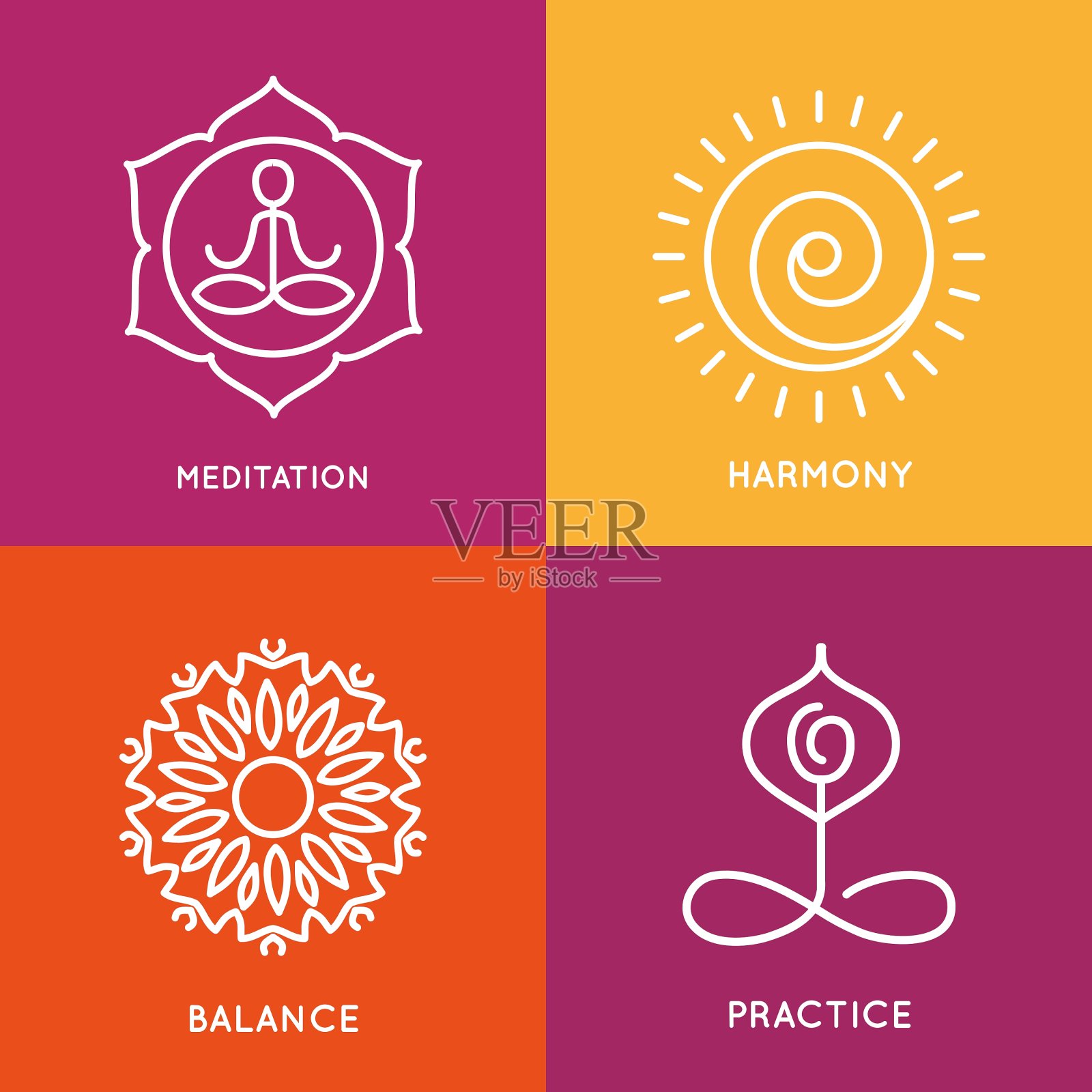 彩色广场上的瑜伽线条符号插画图片素材