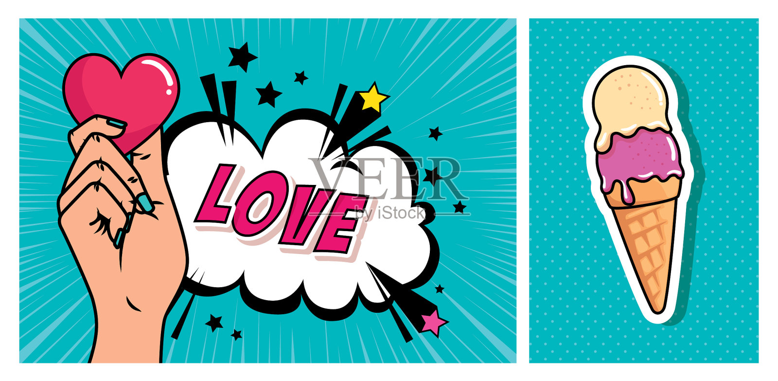 手与心结合的冰淇淋波普艺术风格图标素材